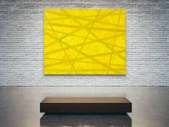 Large yellow acrylic in linen painting. Composition in yellow. By Ien Lucas