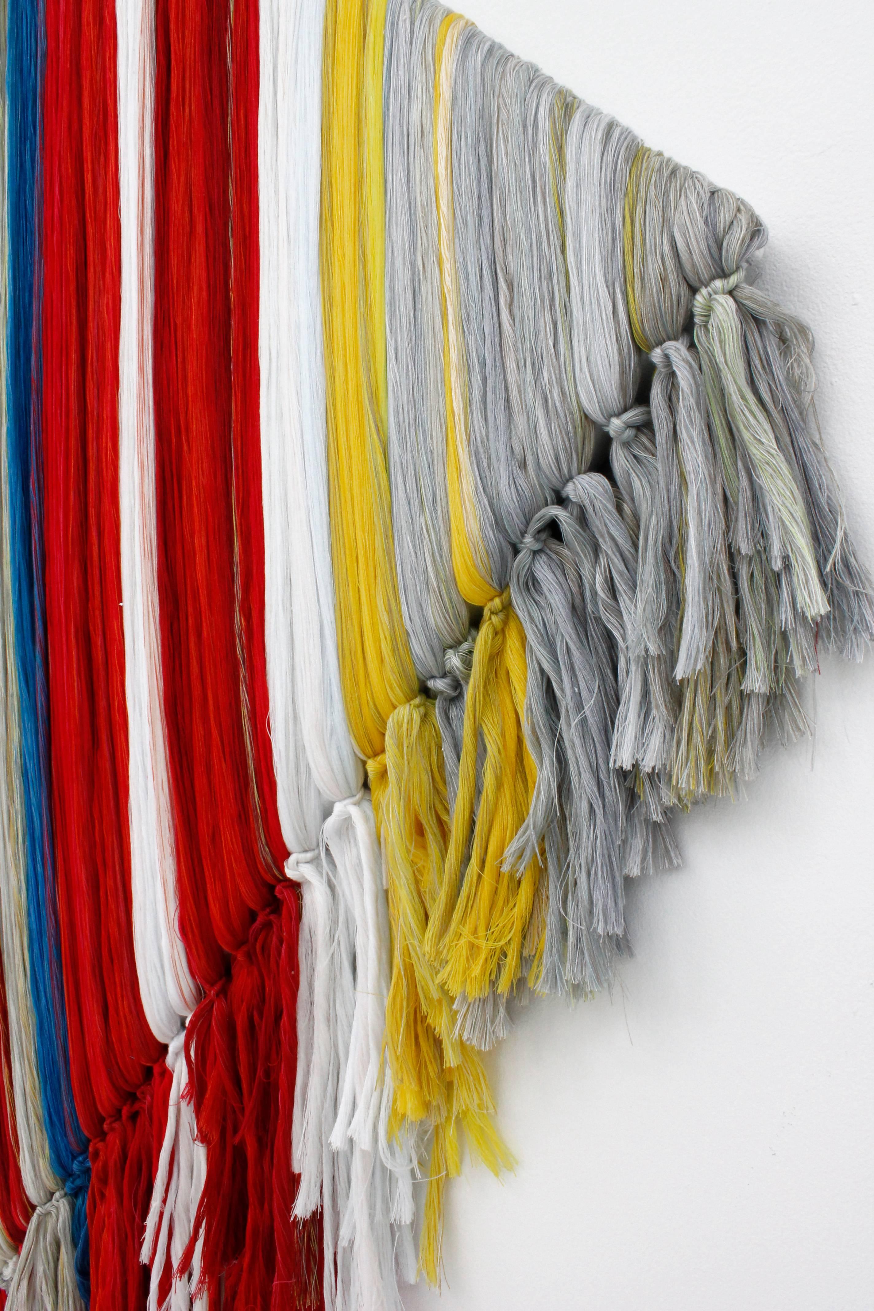 Wall art yarn on canvas, in color combination red, blue, grey, yellow and white. - Modern Painting by Ien Lucas