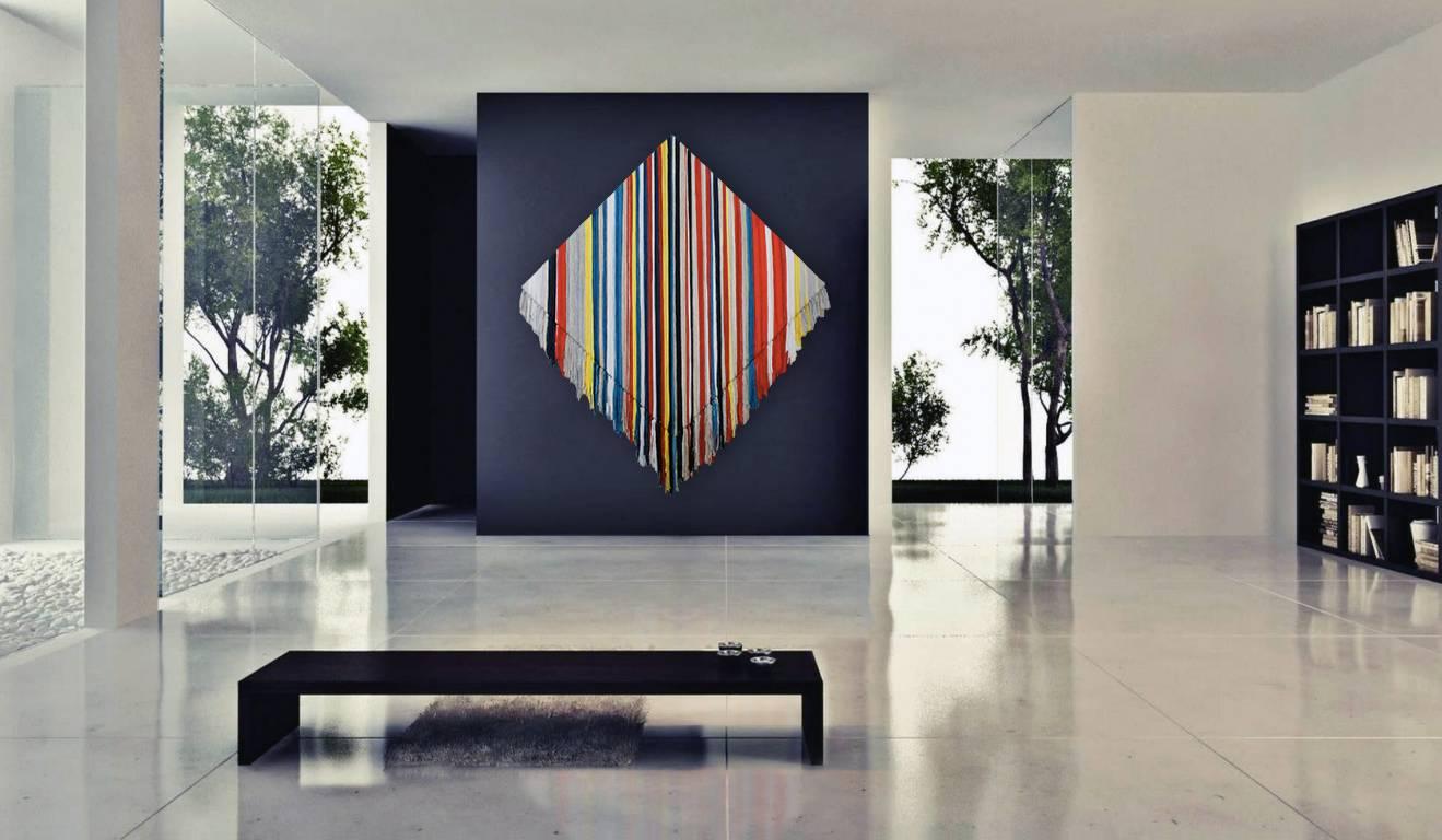 Wall art yarn on canvas, in color combination red, blue, grey, yellow and white. - Painting by Ien Lucas