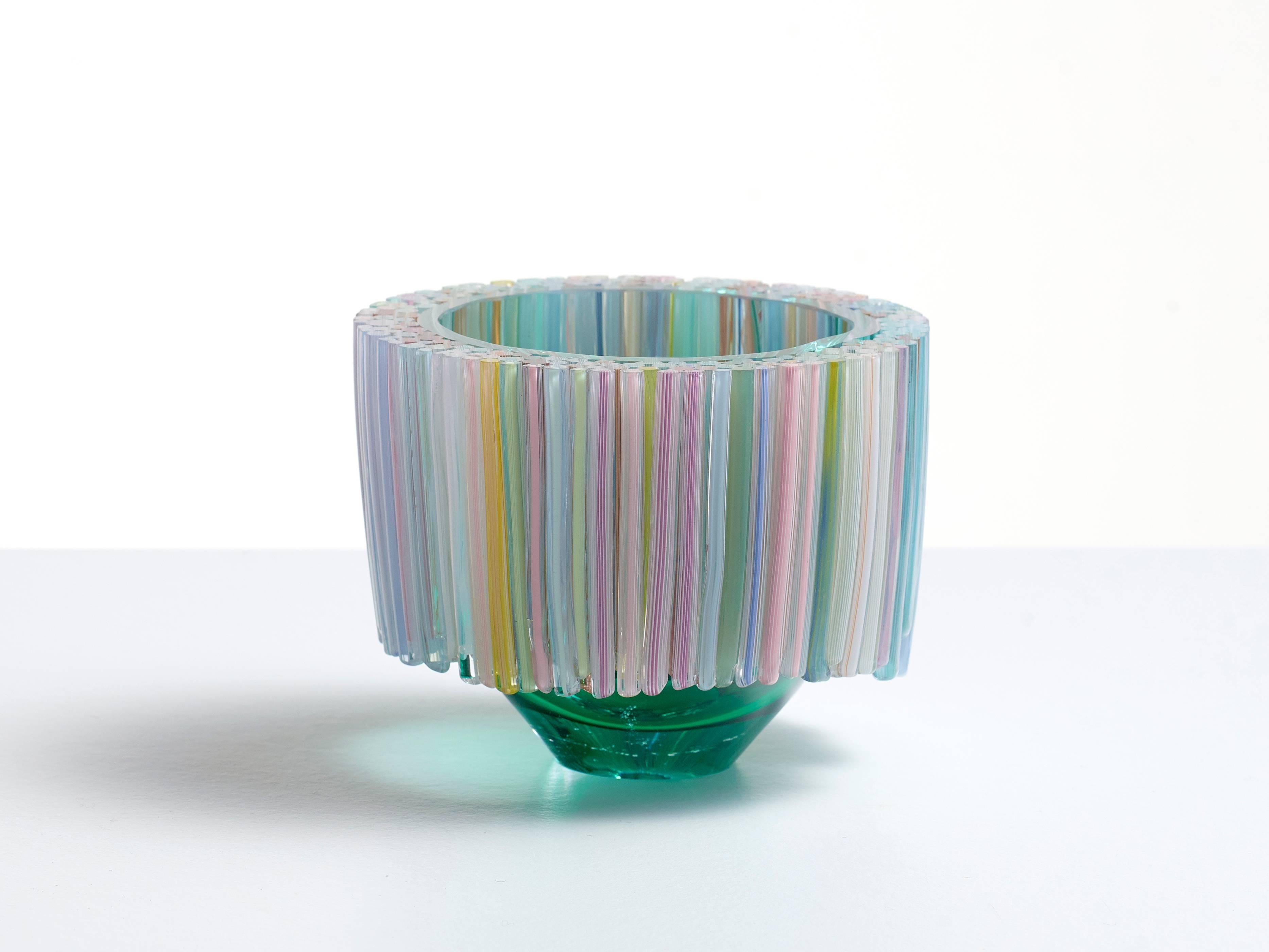 Blown glass green bowl decorated with colorful glass threads, by Sabine Lintzen 1