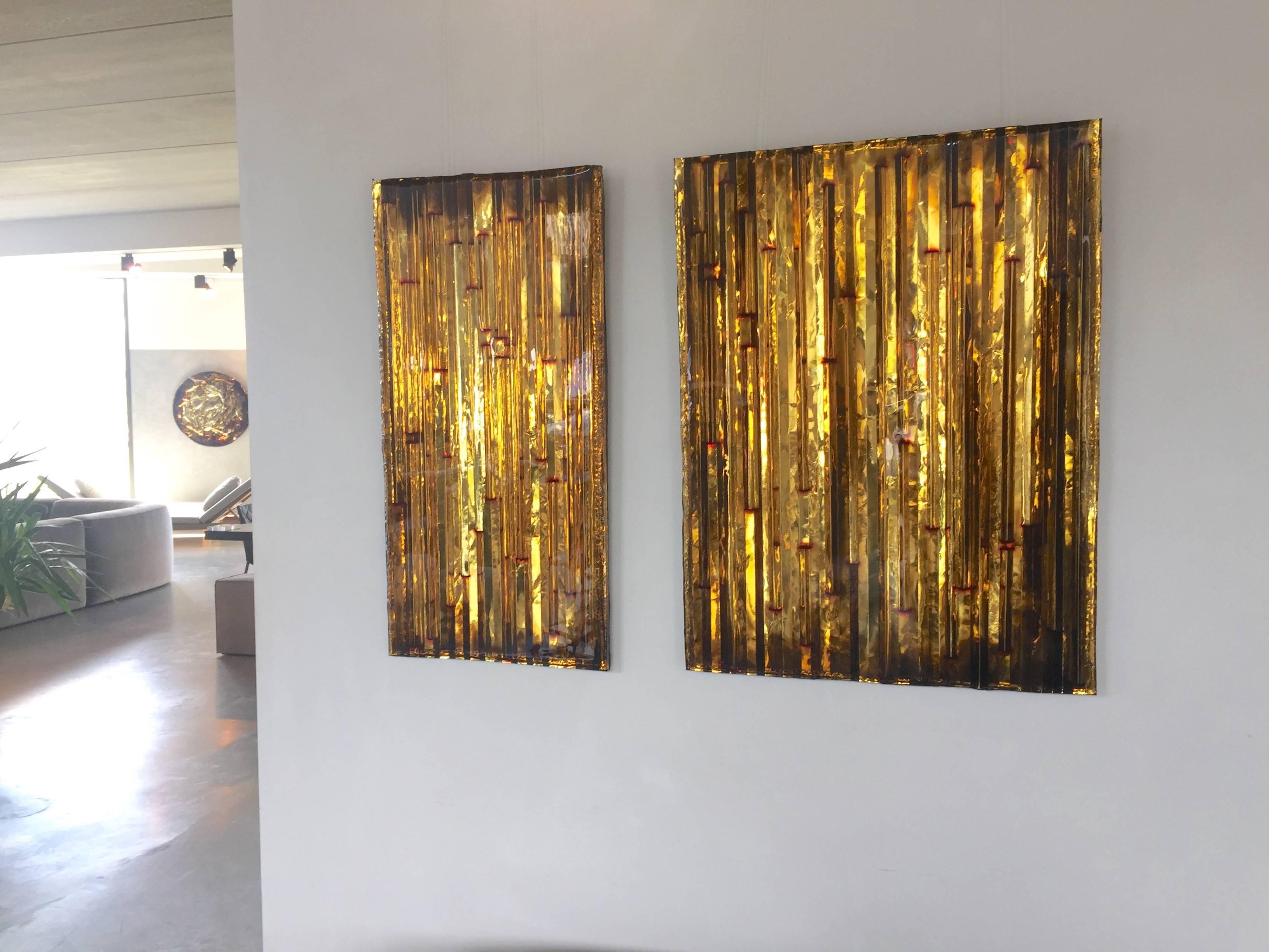 Goldfarbene Wandkunst (Diptychon), von Pleunie Buyink 1