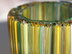 Blown glass bowl, with green and yellow glass threads by Sabine Lintzen