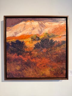 Contemporary Red Road Light Oil Painting on Canvas, Framed