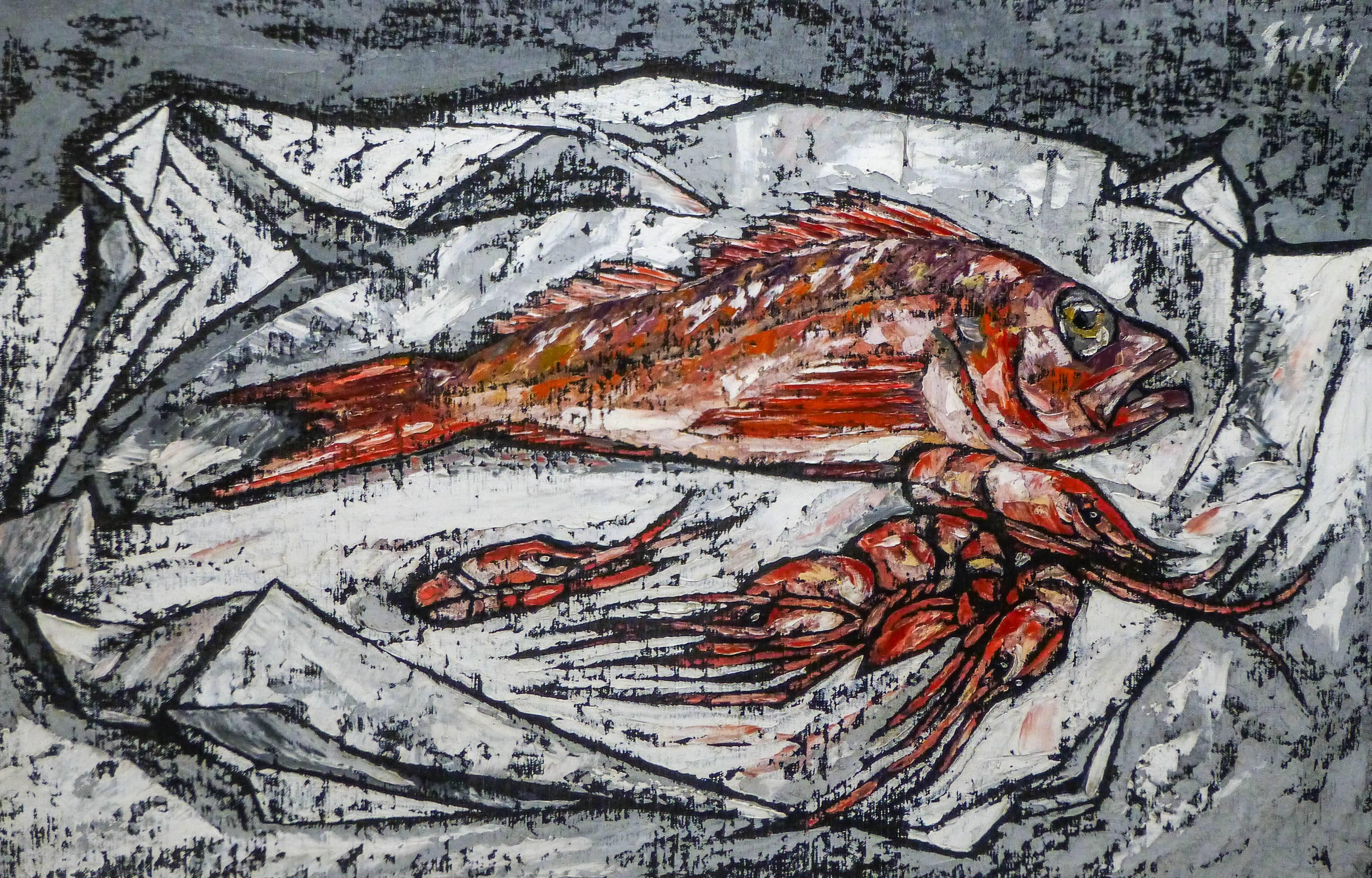 Richard Gilkey Still-Life Painting - "Still Life with Fish & Shrimp" 