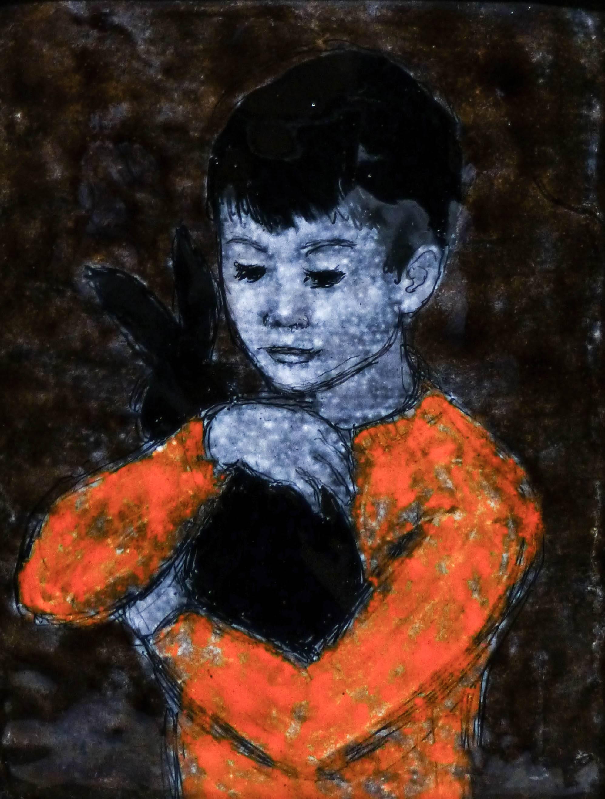 "Boy with Rabbit" - Mixed Media Art by Lisel Salzer