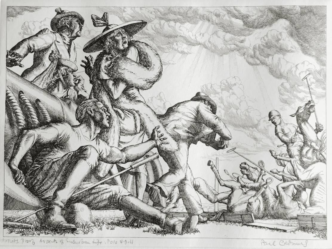 Figurative Print de Paul Cadmus - Aspectos de la vida suburbana: Derrame del Polo