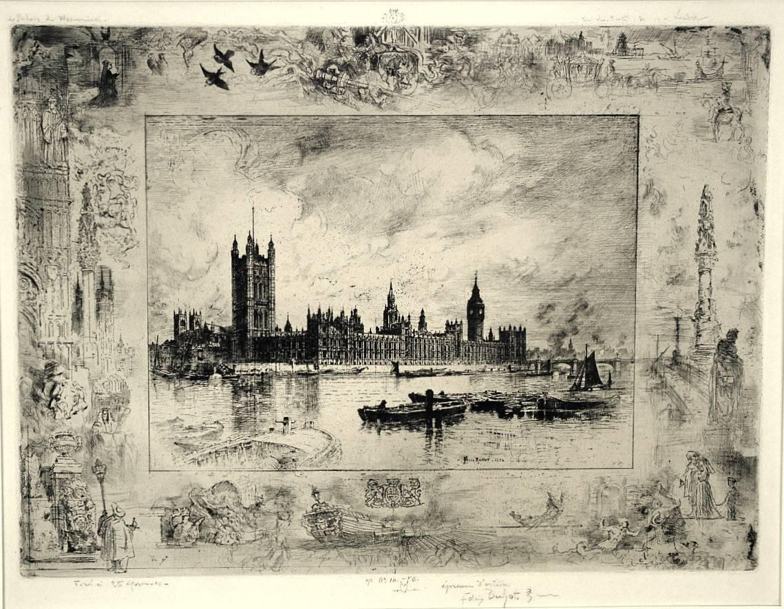 Félix Hilaire Buhot Landscape Print - Westminster Palace