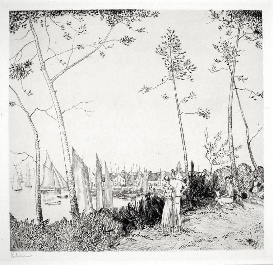 Jean-Emile Laboureur Landscape Print – La Promenade Sur Le Port