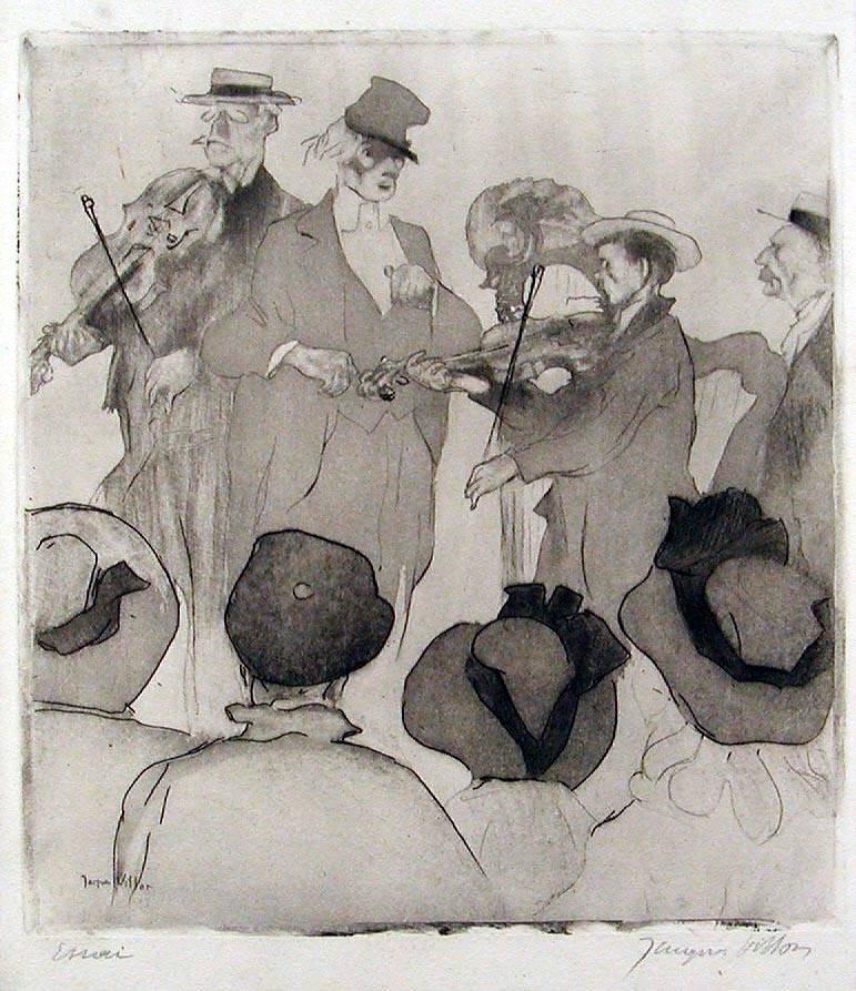 Jacques Villon Figurative Print – Le Concert sur la Plage (Musiker am Strand)