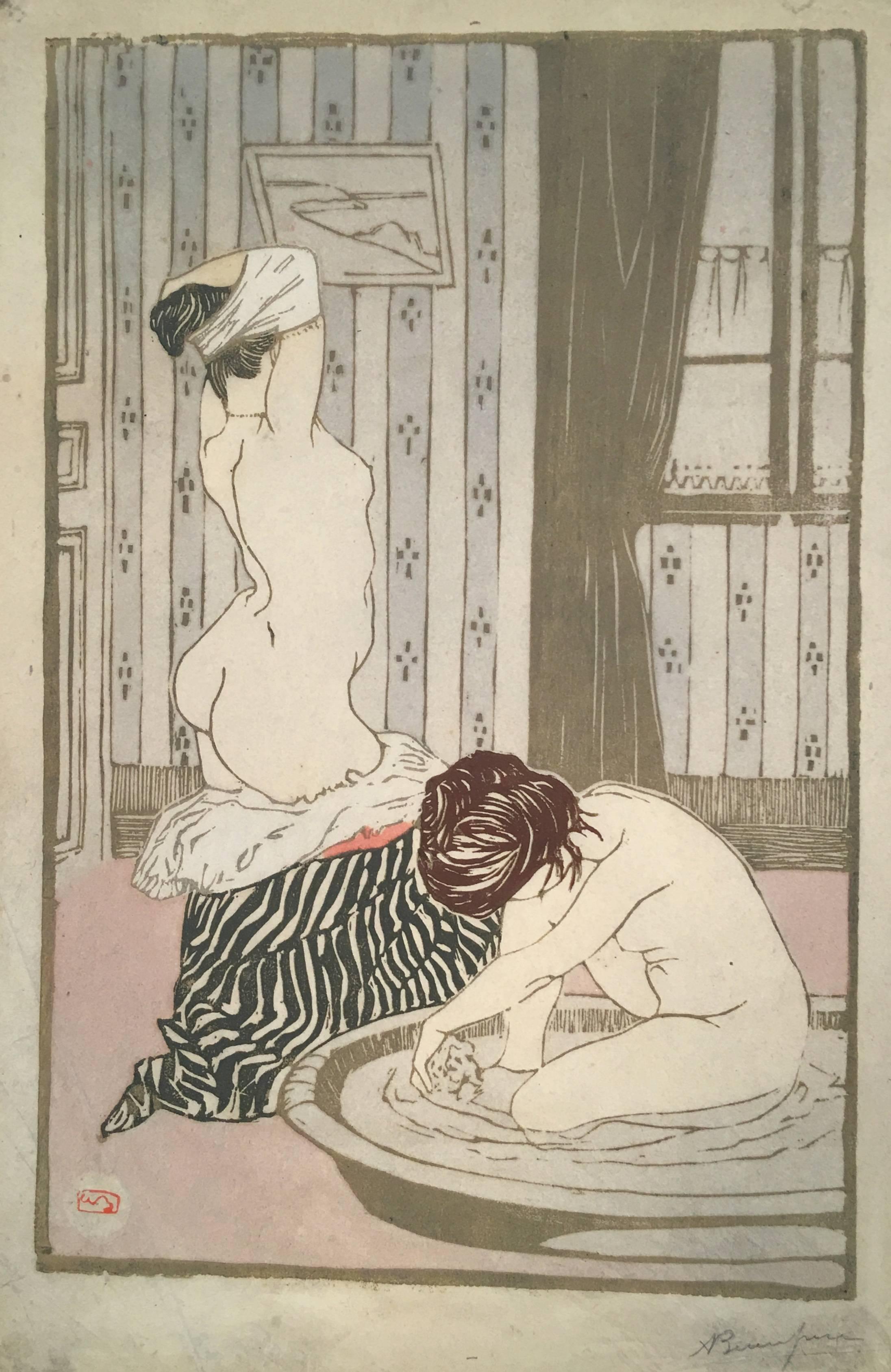 Adolphe Beaufrère Nude Print - Femmes au Tub (Women Bathing)