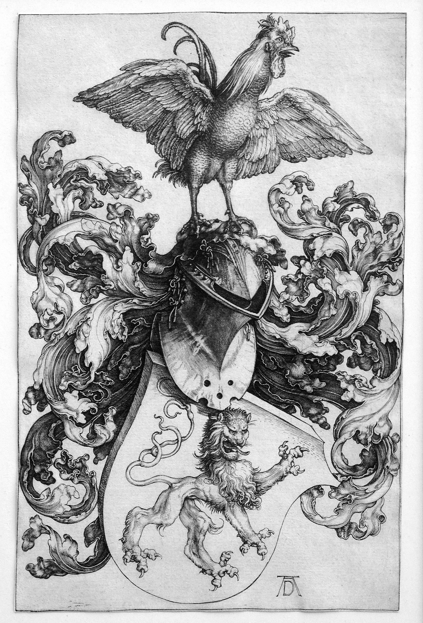 Albrecht Dürer Figurative Print – Wappen mit Löwe und einem Kock
