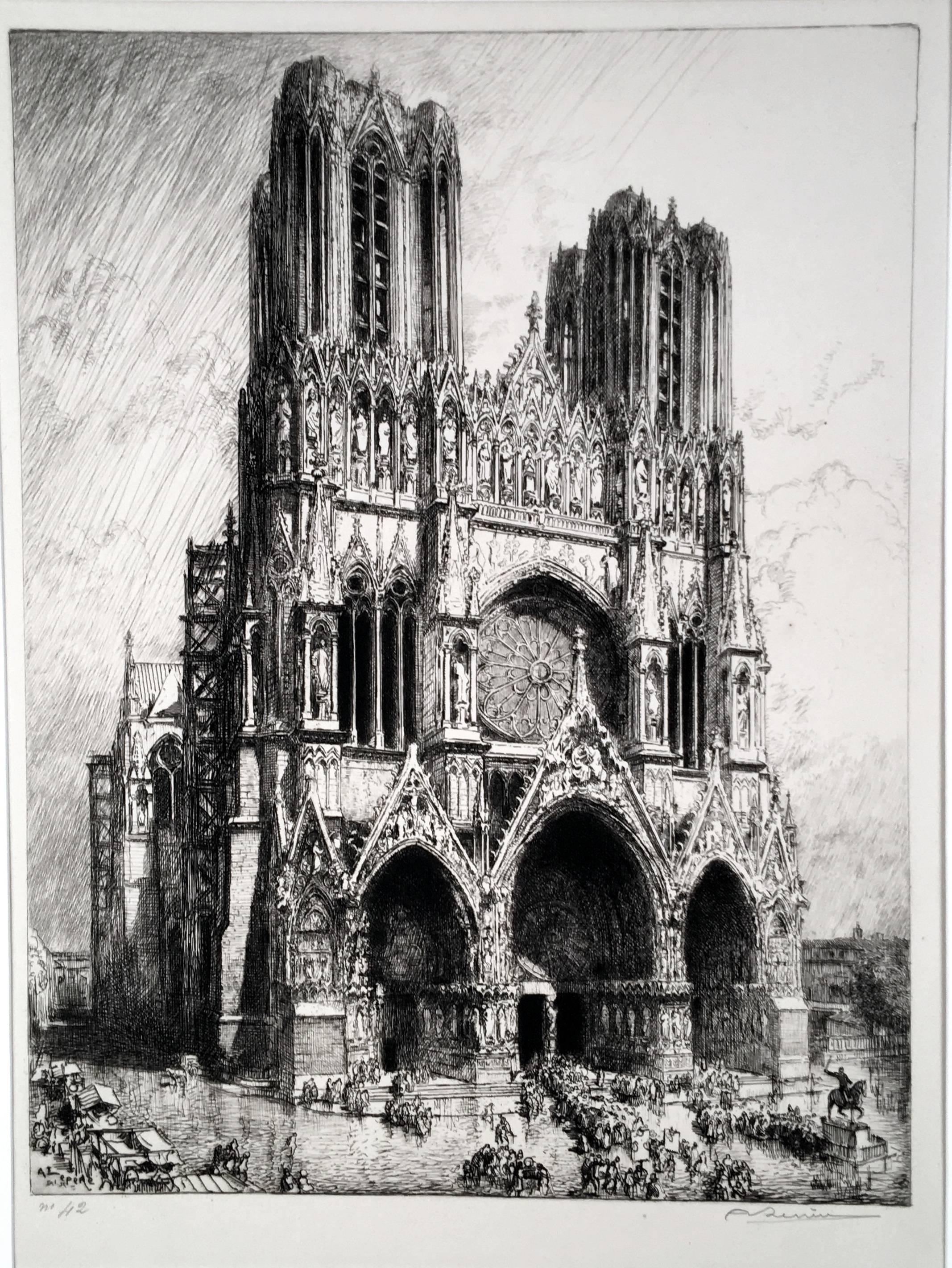 Auguste Louis Lepère Landscape Print - Cathedral de Reims