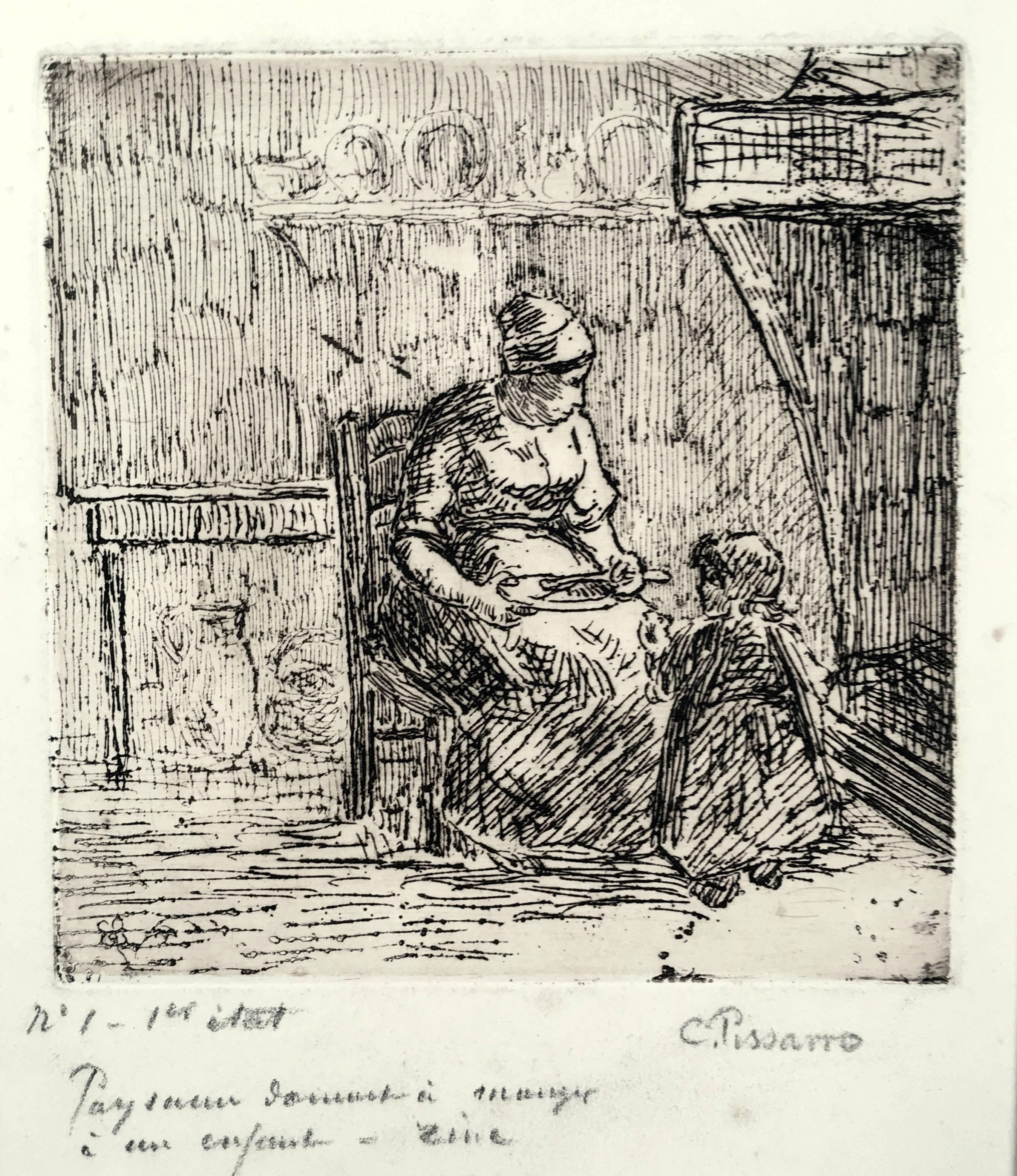 Camille Pissarro Figurative Print - Paysanne Donnant a Manger a un Enfant