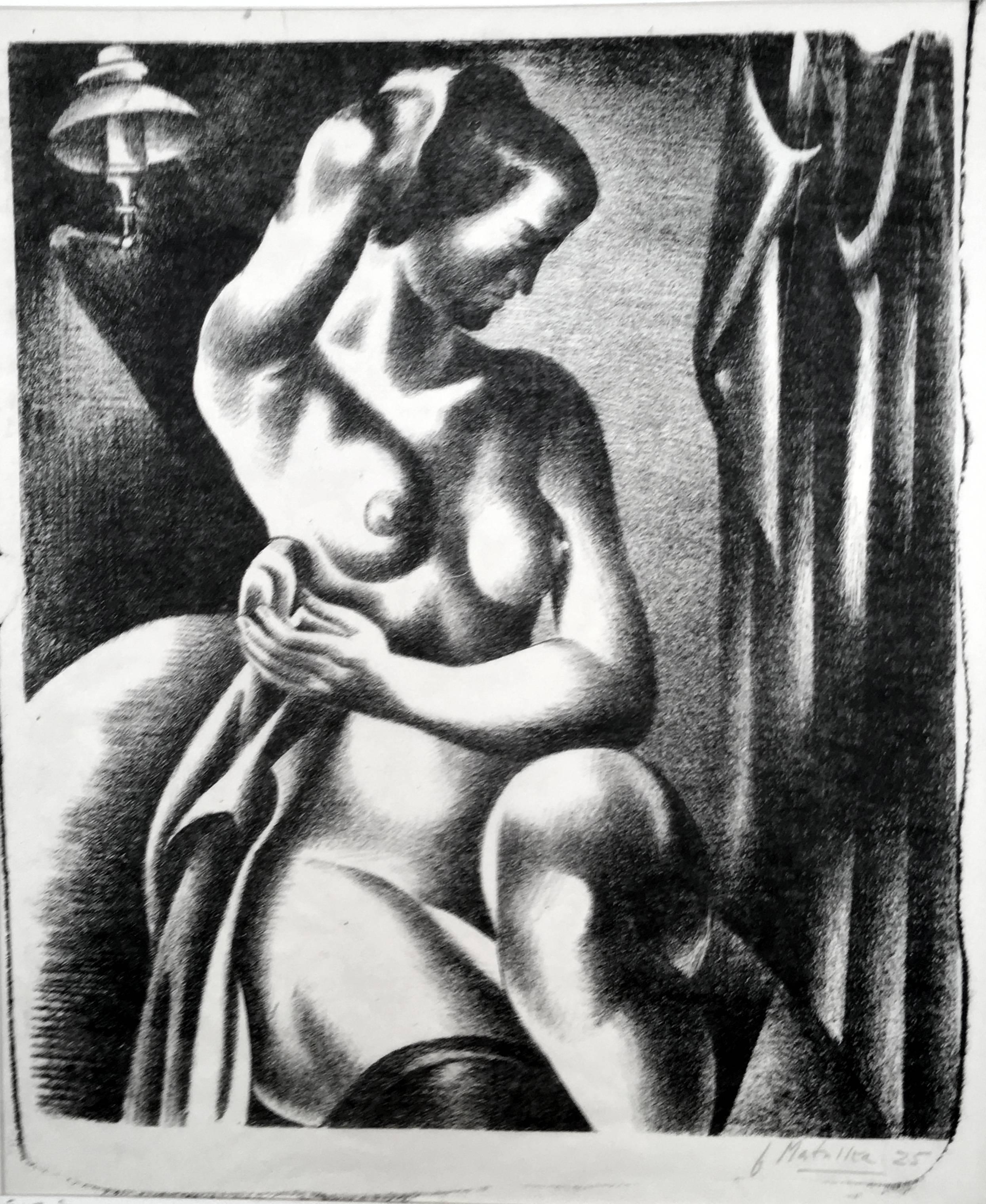 Three-Quarter View of Nude Bathing Seated Near Lamp