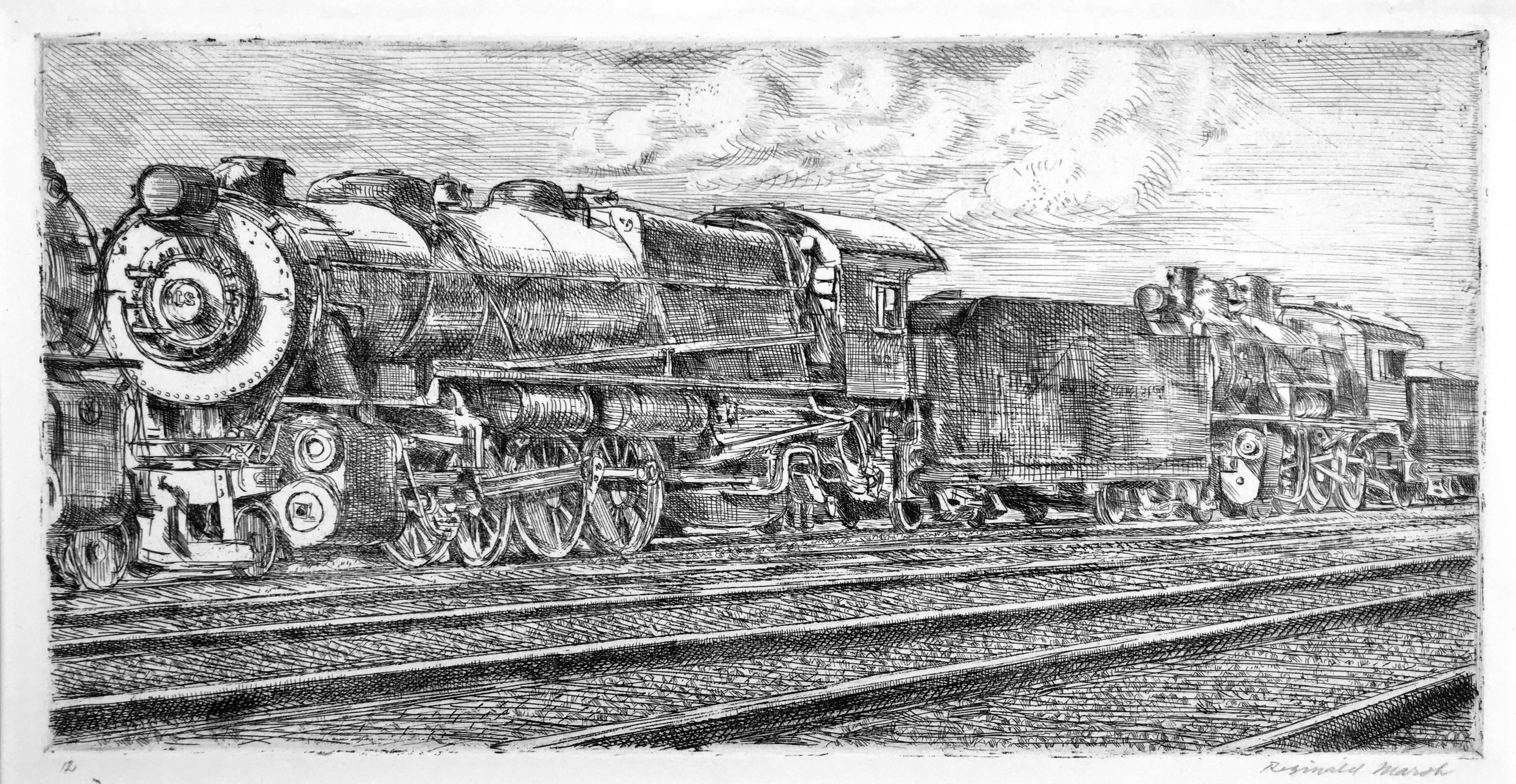 Reginald Marsh Landscape Print - Pennsylvania Rail Road Loco Waiting to be Junked