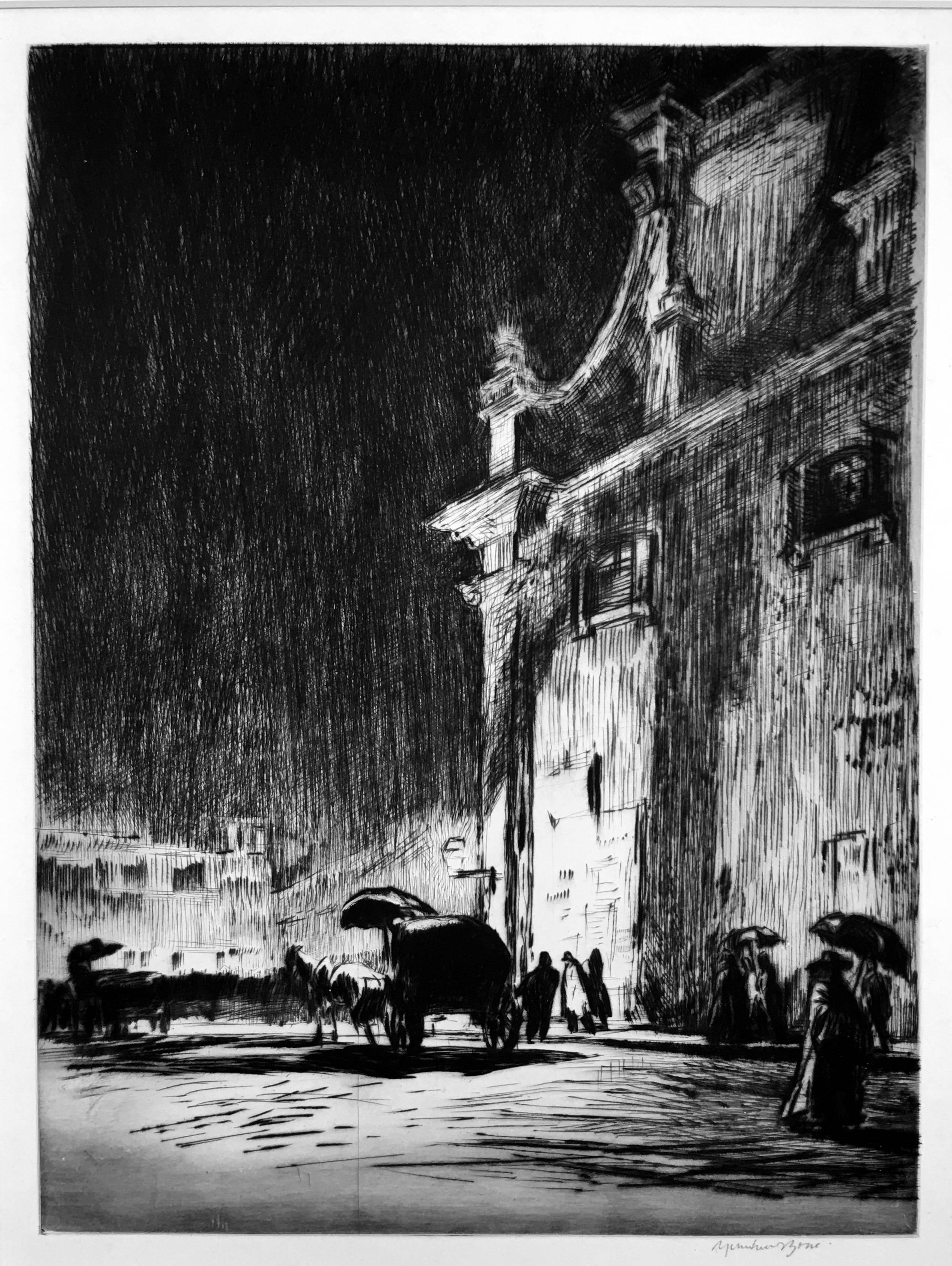 Sir Muirhead Bone Landscape Print - Rainy Night in Rome