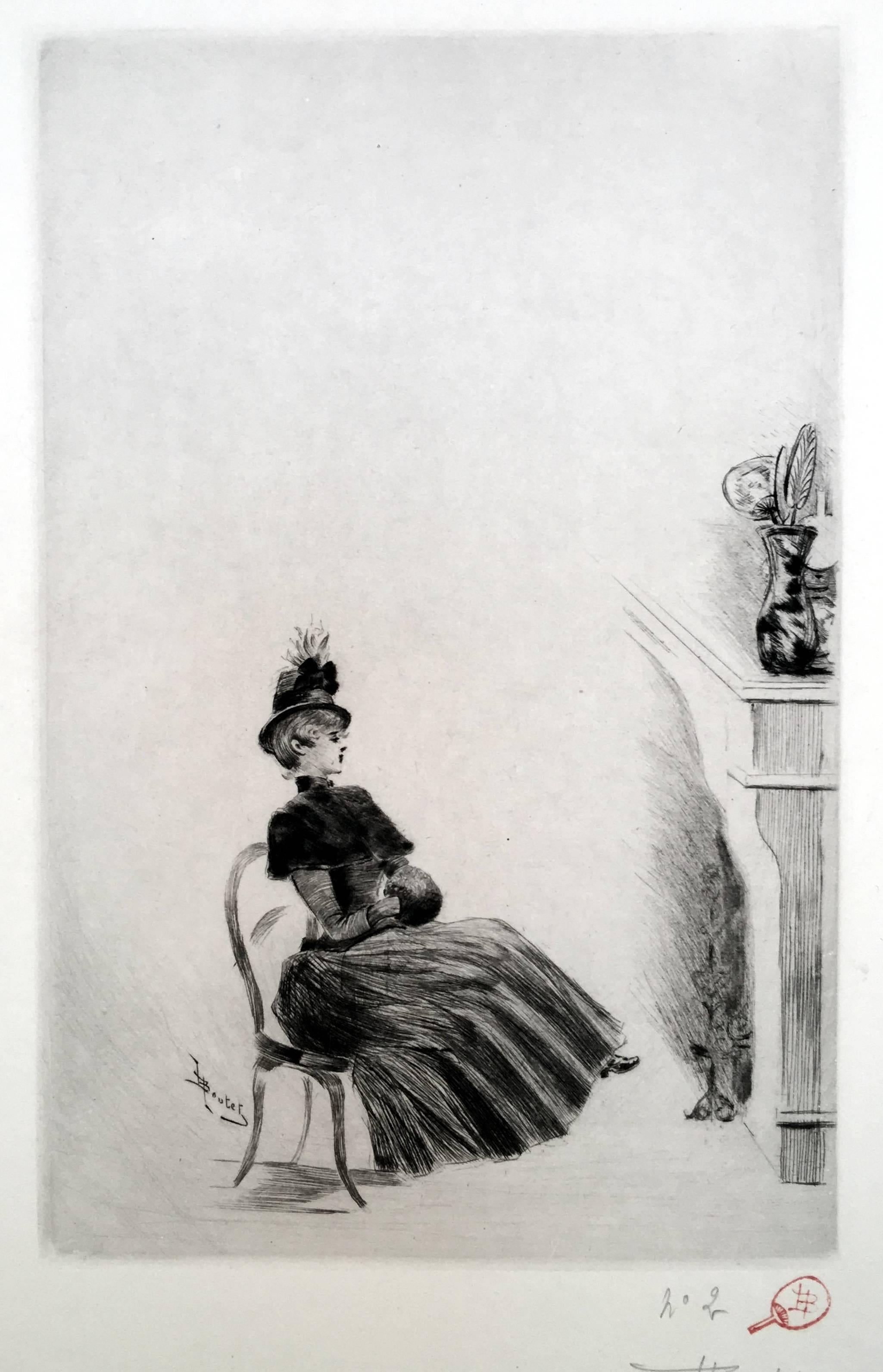 Henri Boutet Portrait Print - [Femme, Woman Facing a Fireplace]