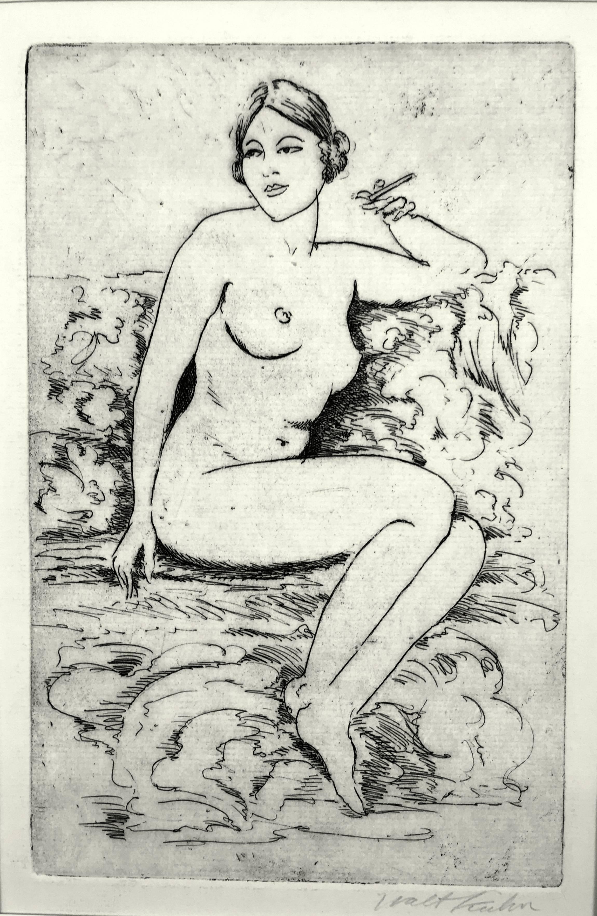 Walt Kuhn Nude Print - [Nude on Couch, Smoking]