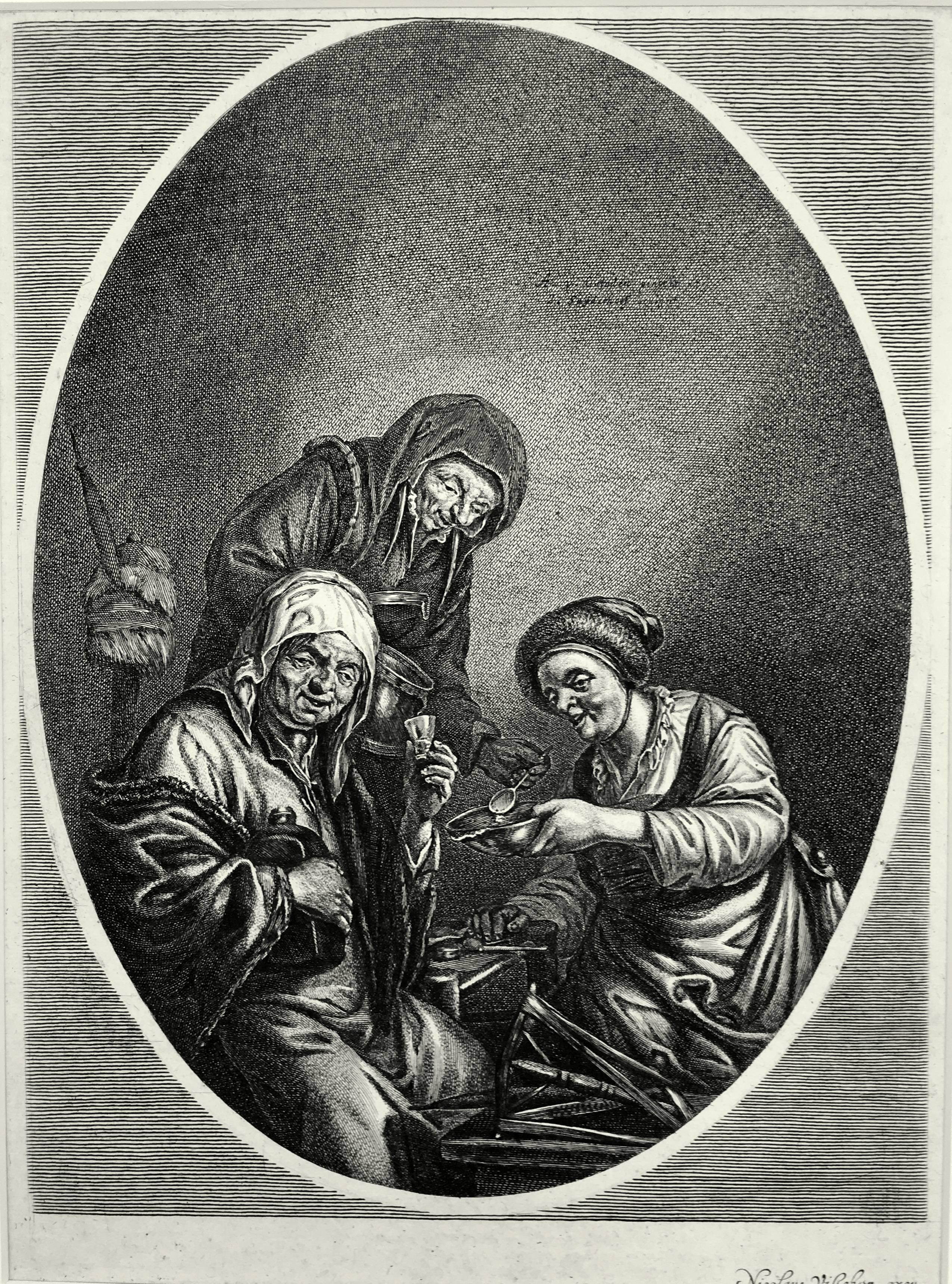 Adriaen van Ostade Figurative Print - The Three Women (les Parques Hollandaises)