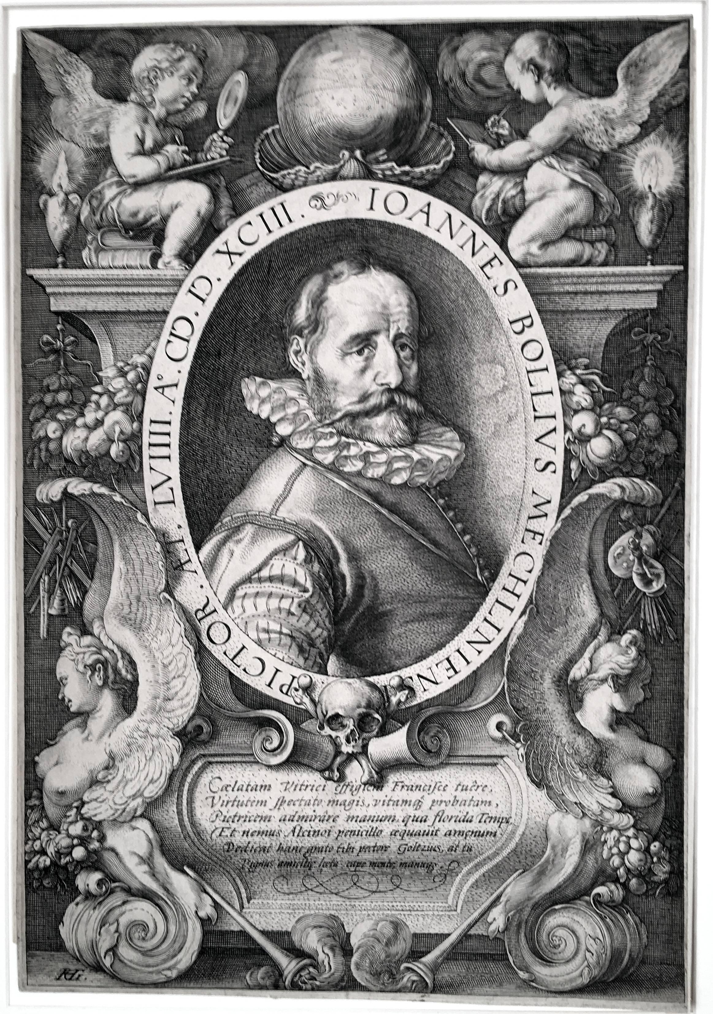 Hendrik Goltzius Portrait Print – Porträt von Hans Bol, dem Maler, im Alter von 58 Jahren