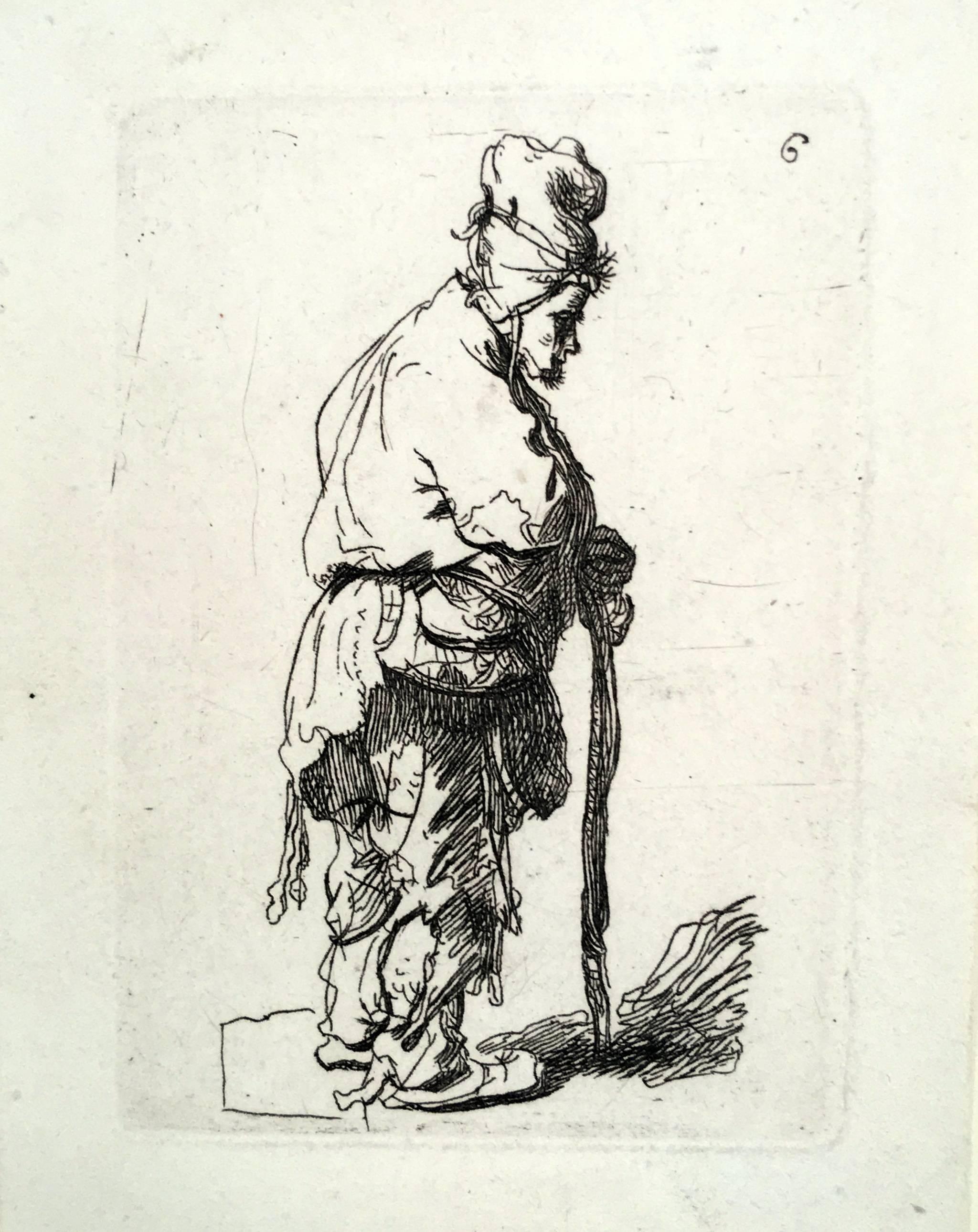 Francois Vivares Figurative Print - Beggar Leaning on a Stick Facing Left (after Rembrandt, reversed)