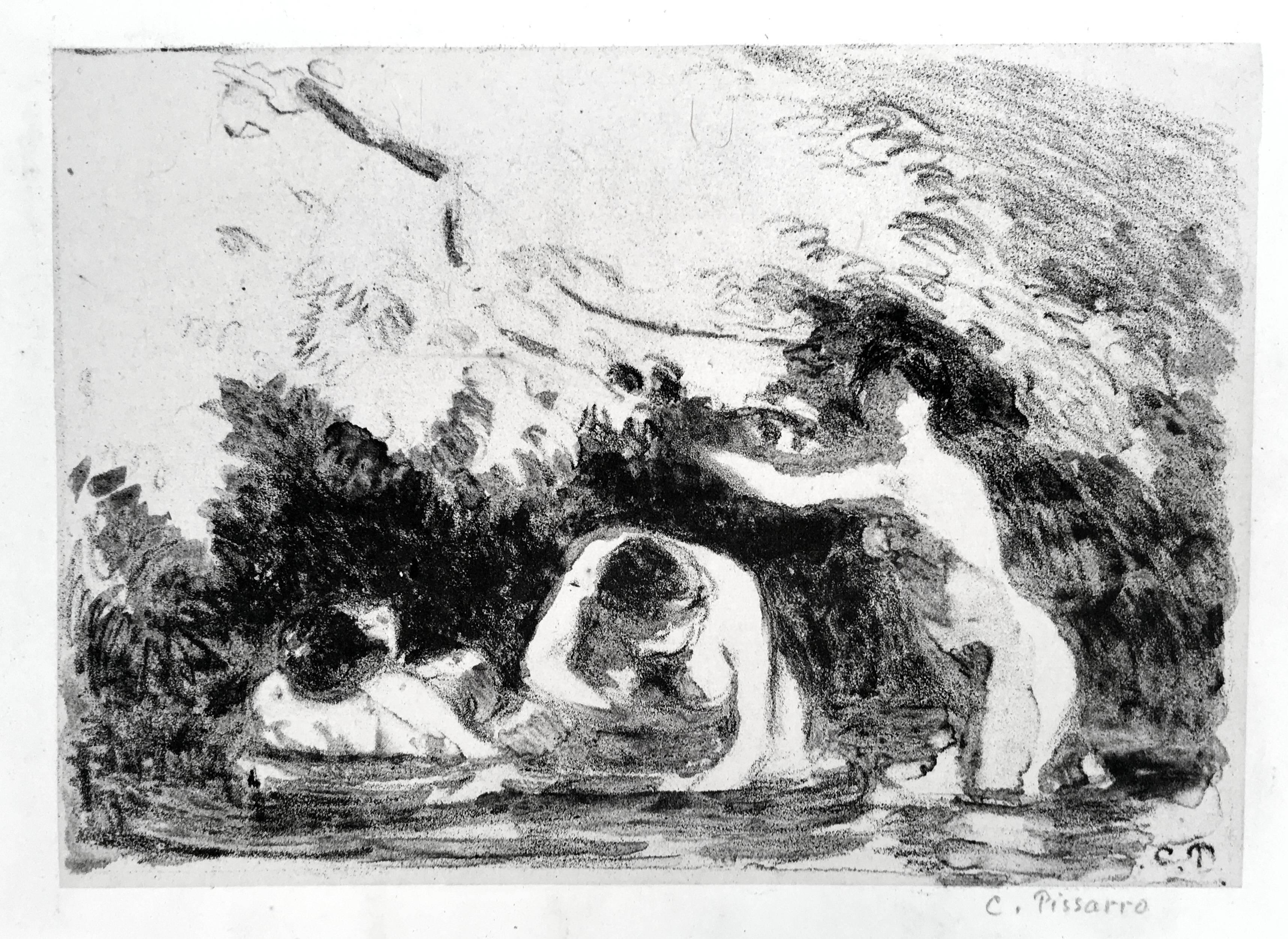 Camille Pissarro Nude Print – Baigneuses a L'Ombre des Berges Boisees (Frauen, die im Schatten der Wälder baden...)