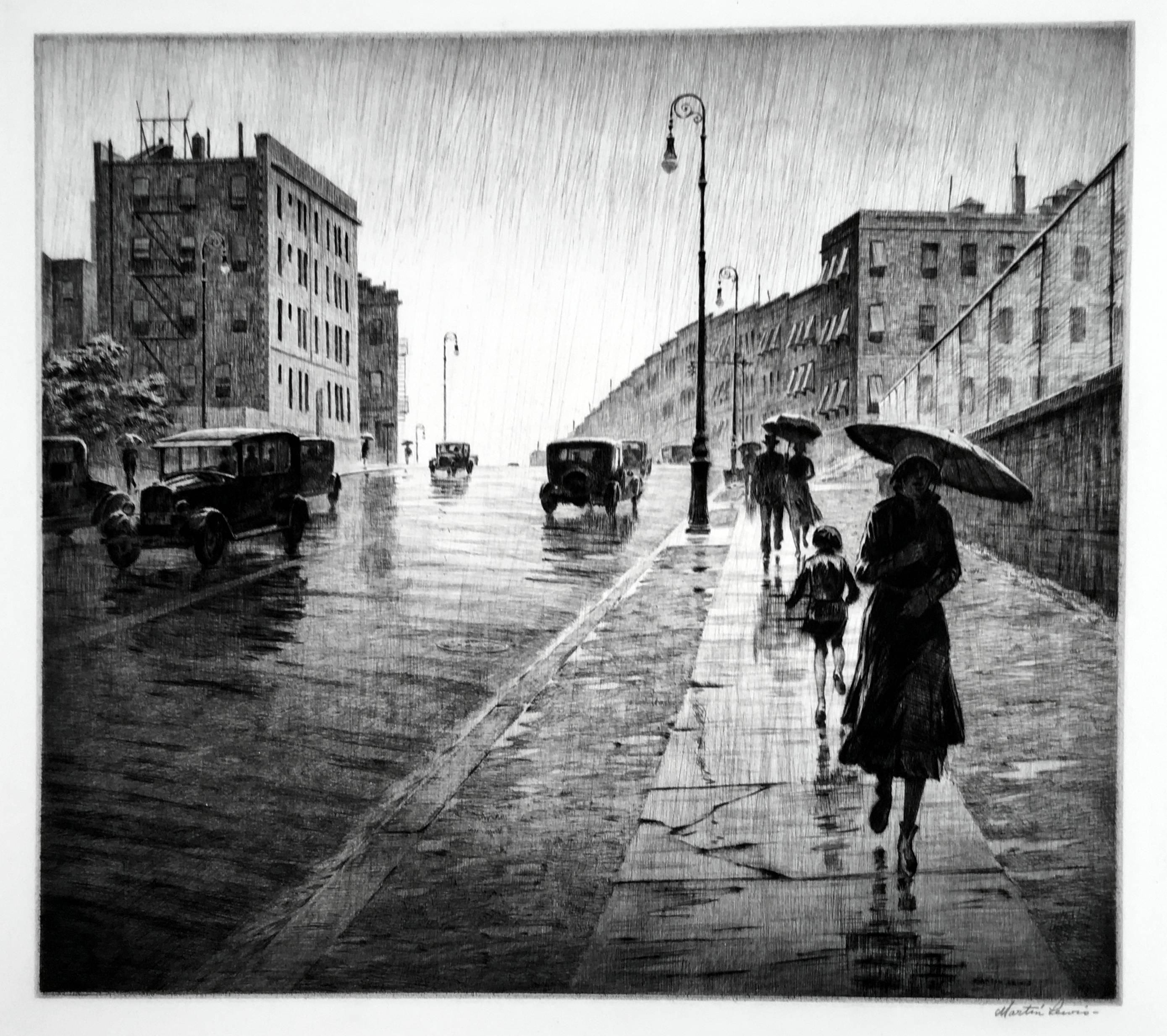 Martin Lewis Landscape Print - Rainy Day, Queens