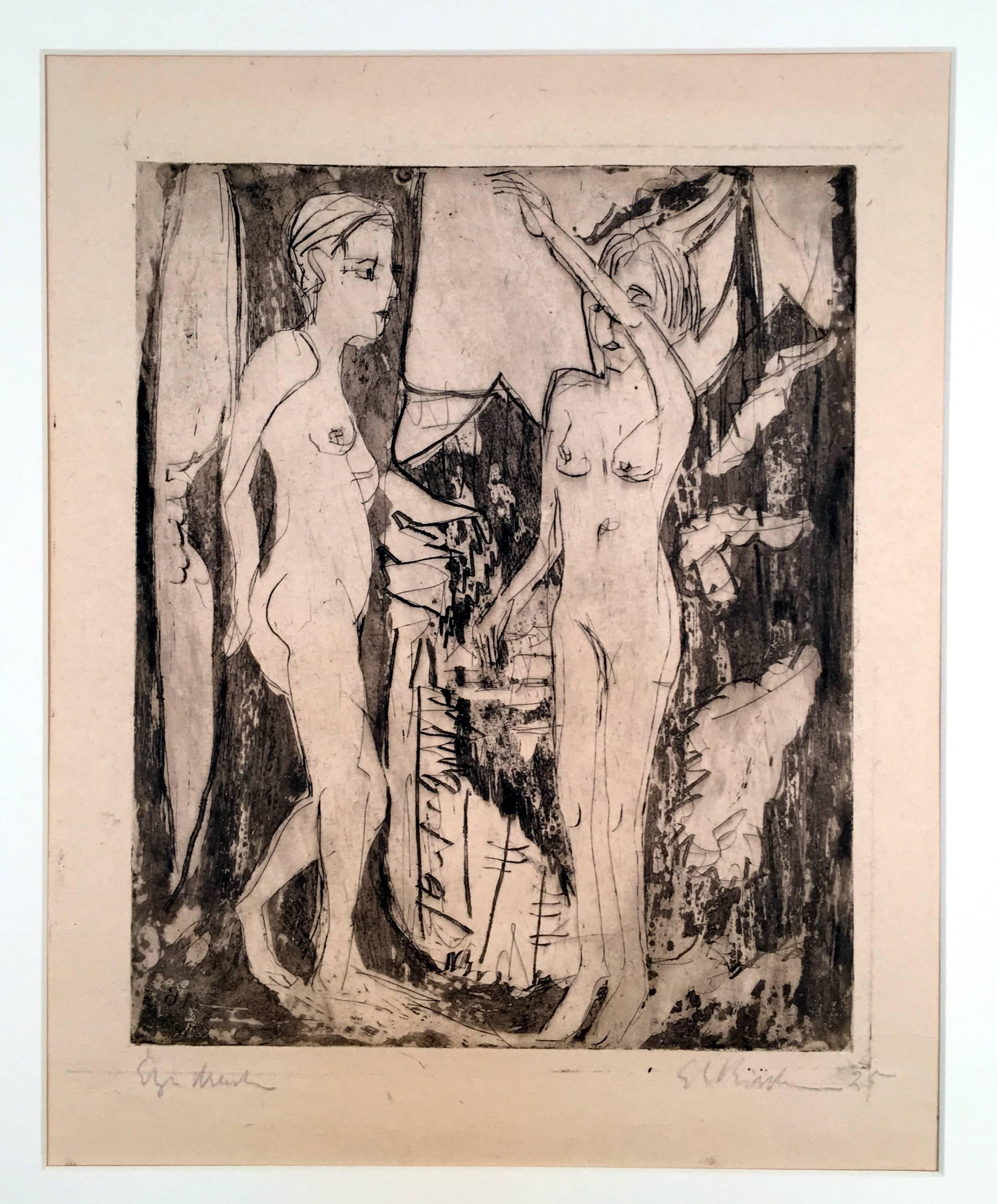Ernst Ludwig Kirchner Nude Print - Two Standing Nude Women, before a Fir Tree, Mountainside