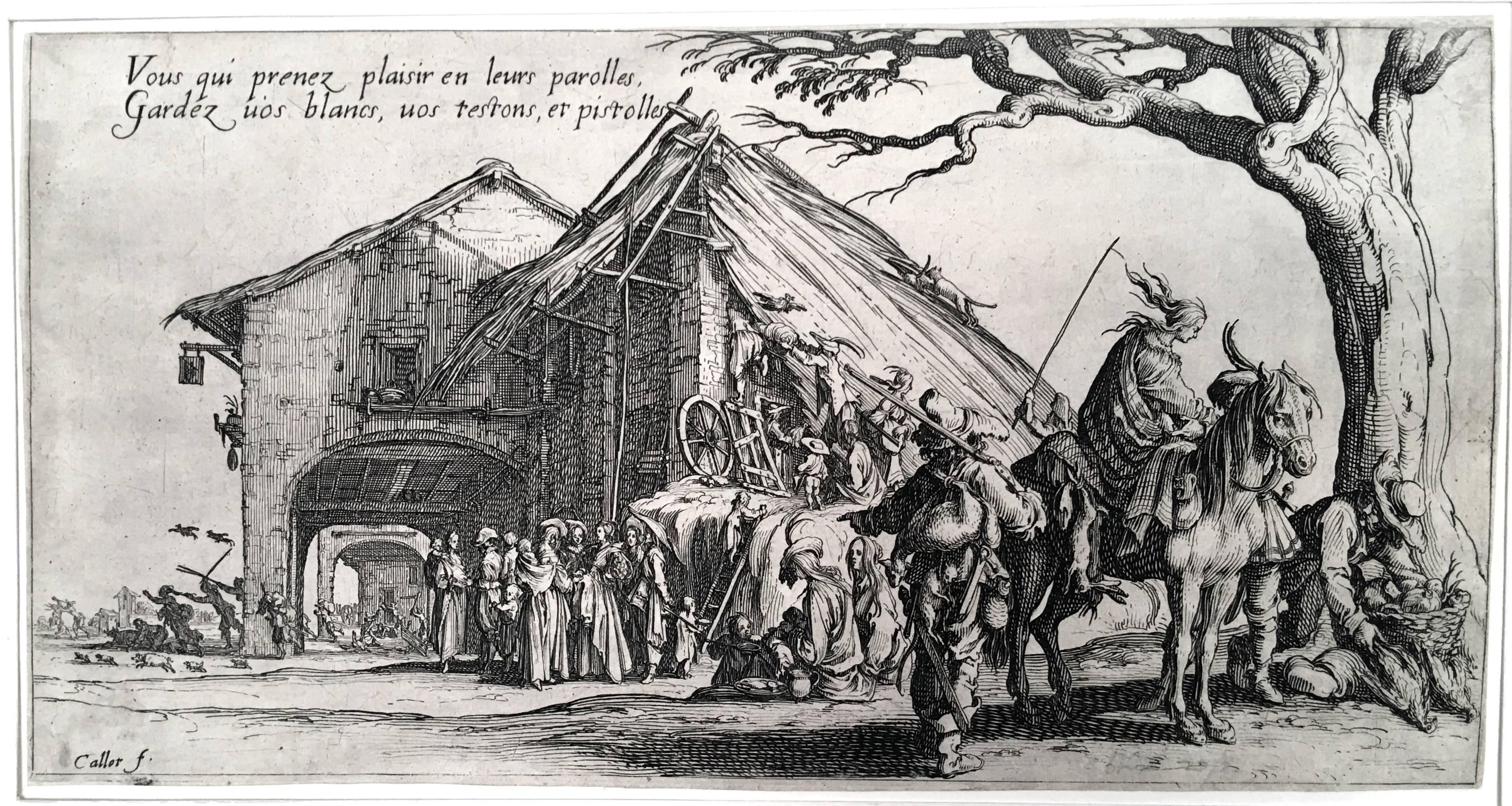 Jacques Callot (1592-1635), Les Bohémiens, ensemble de quatre eaux-fortes touchées au burin, 1621. Référence : Lieure 374 (deuxième état sur quatre) ; Lieure 375-77 (deuxième état sur deux). En très bon état, rogné sur ou légèrement dans le repère