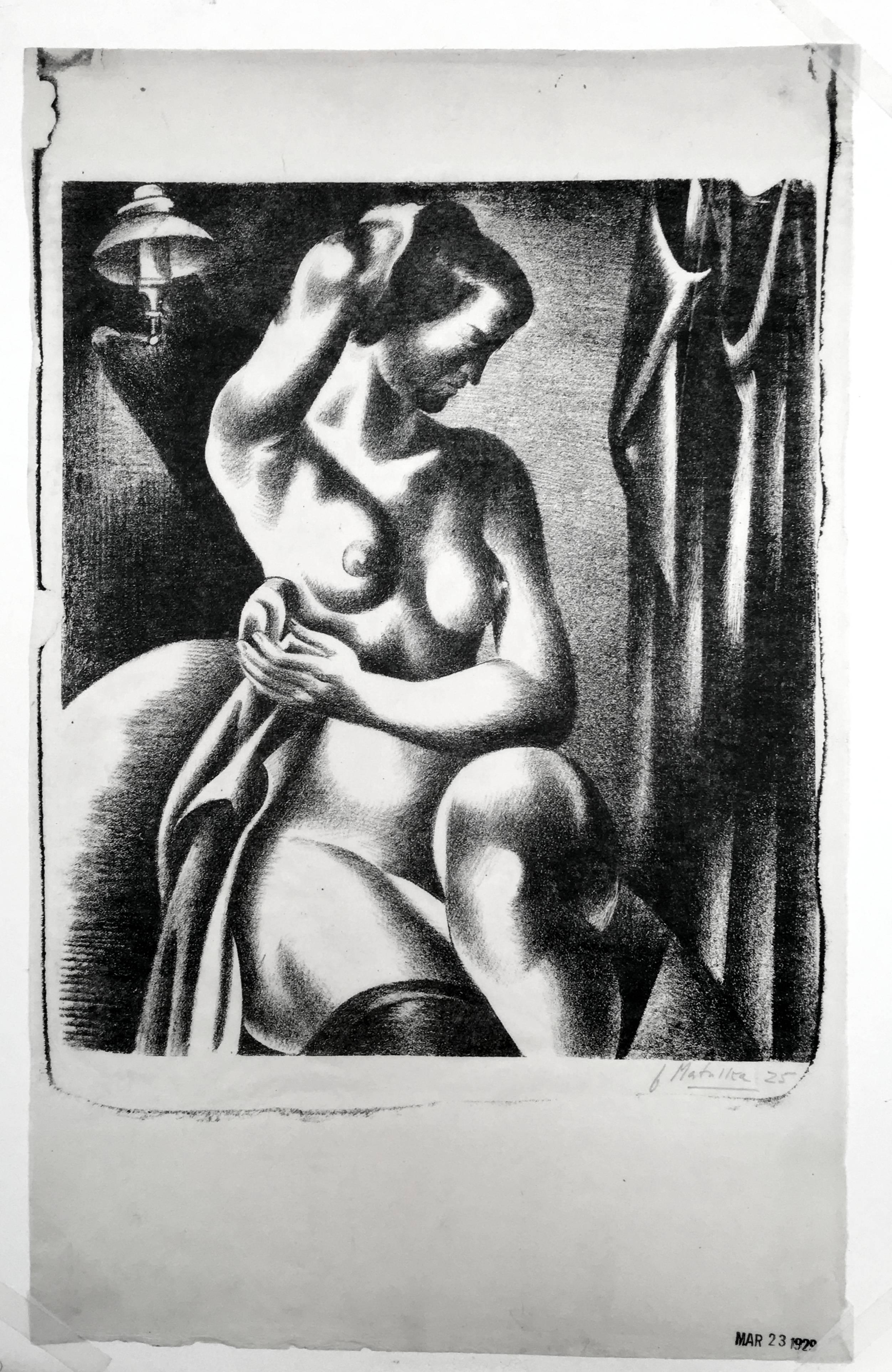 Three-Quarter View of Nude Bathing Seated Near Lamp - Print by Jan Matulka