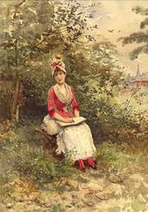 Pretty Woman in a Red & White Dress with Flowers in Her Bonnet (Impressionist)