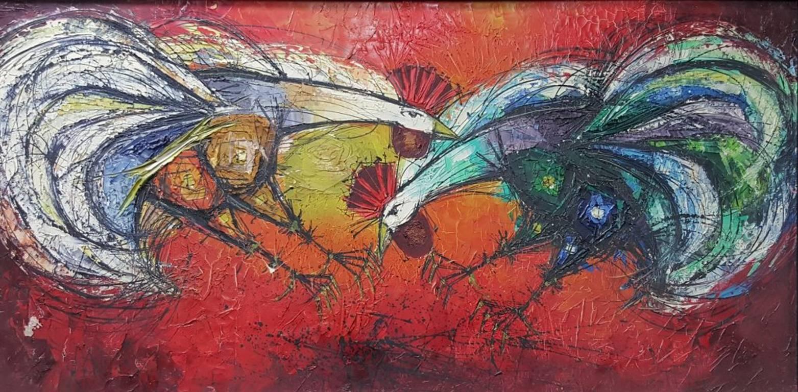 Bruno Zupan Animal Painting - Cock Fight - colorful red orange blue green