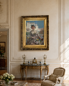 E. Giachi Flower Girl in Period Dress Italian Town 19th Century Oil Painting