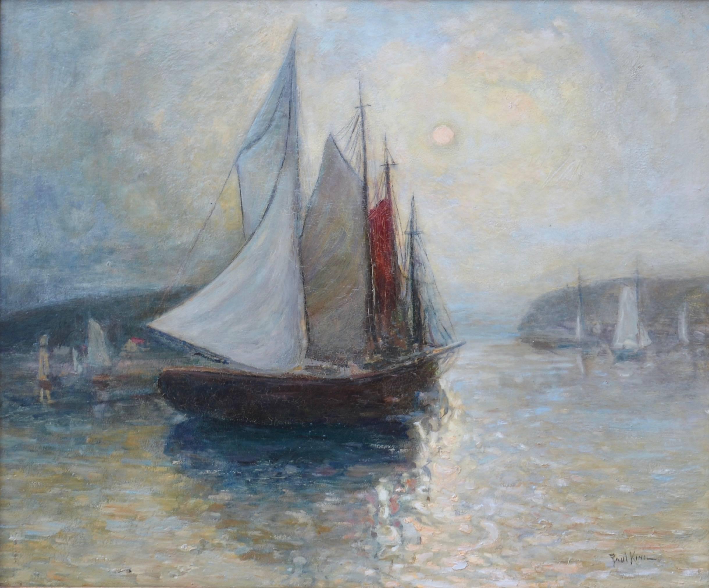 Sailing Boats in Harbor (Possibly Mohnegan Island, Maine) - Painting by Paul Bernard King