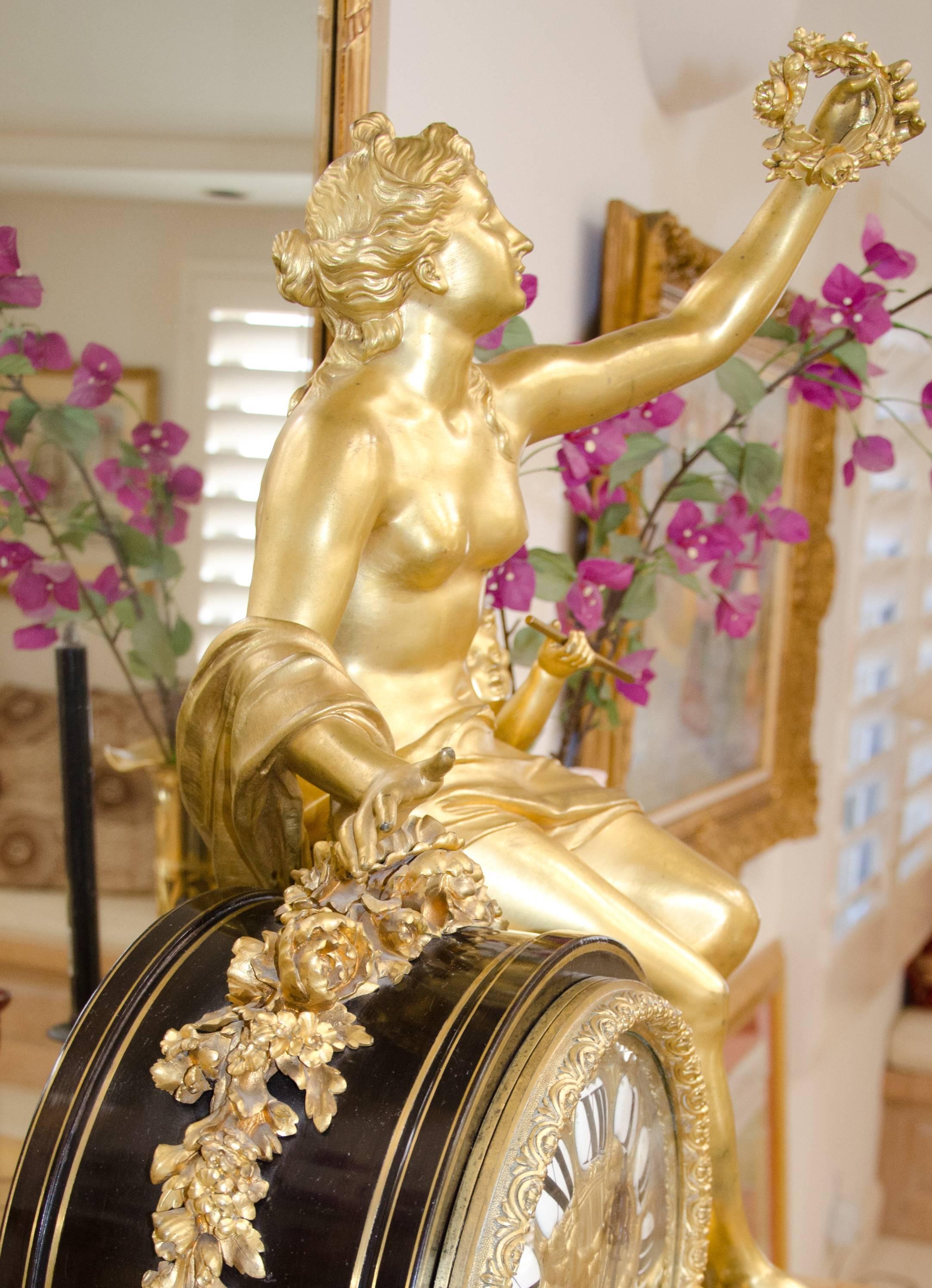 LOUIS XIV STYLE ORMOLU-MOUNTED CUT BRASS-INLAID MANTEL CLOCK 1881 - Sculpture by Henri Dasson