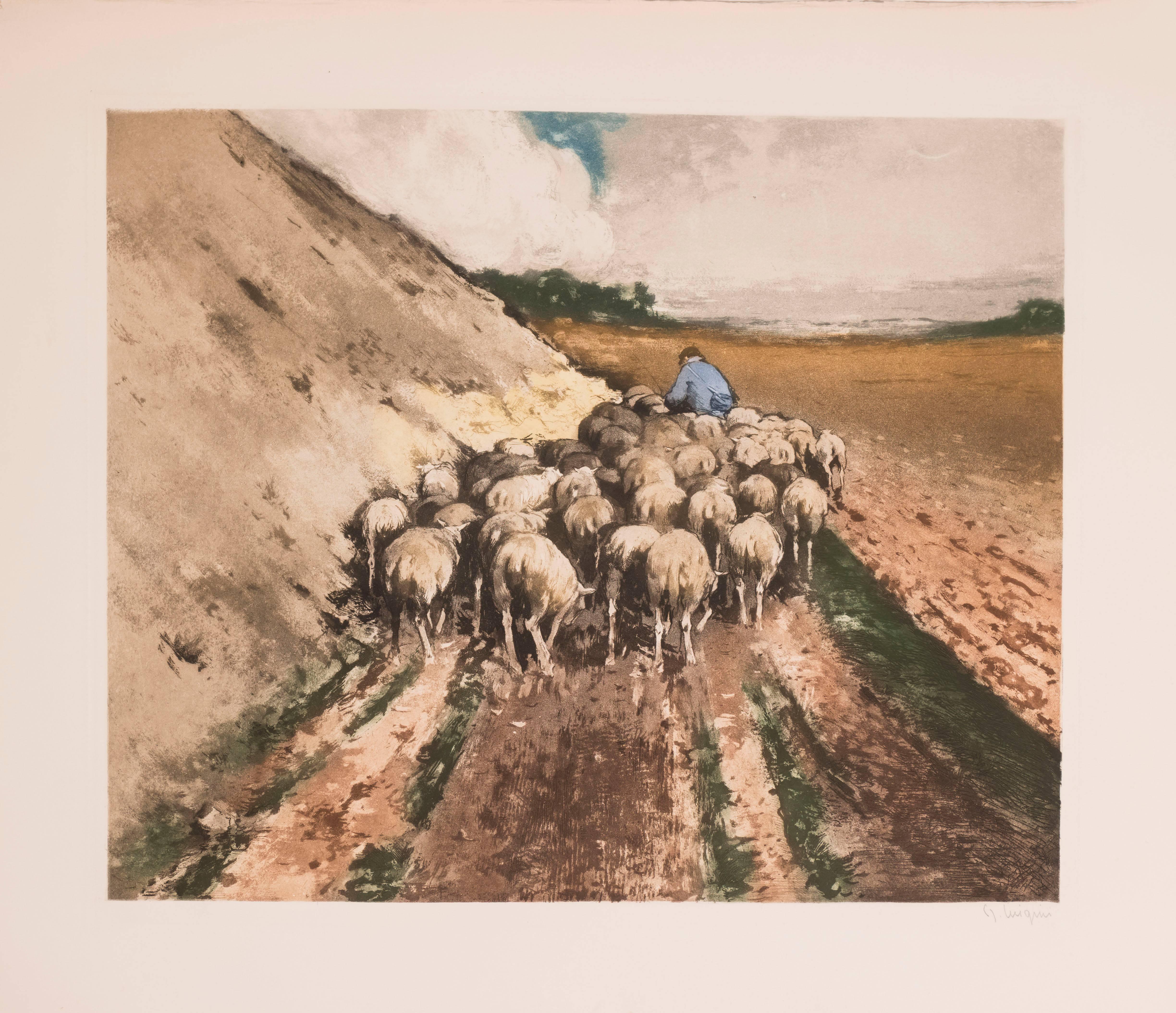 Ferdinand-Jean Luigini Animal Print - Shepherd With Sheep 