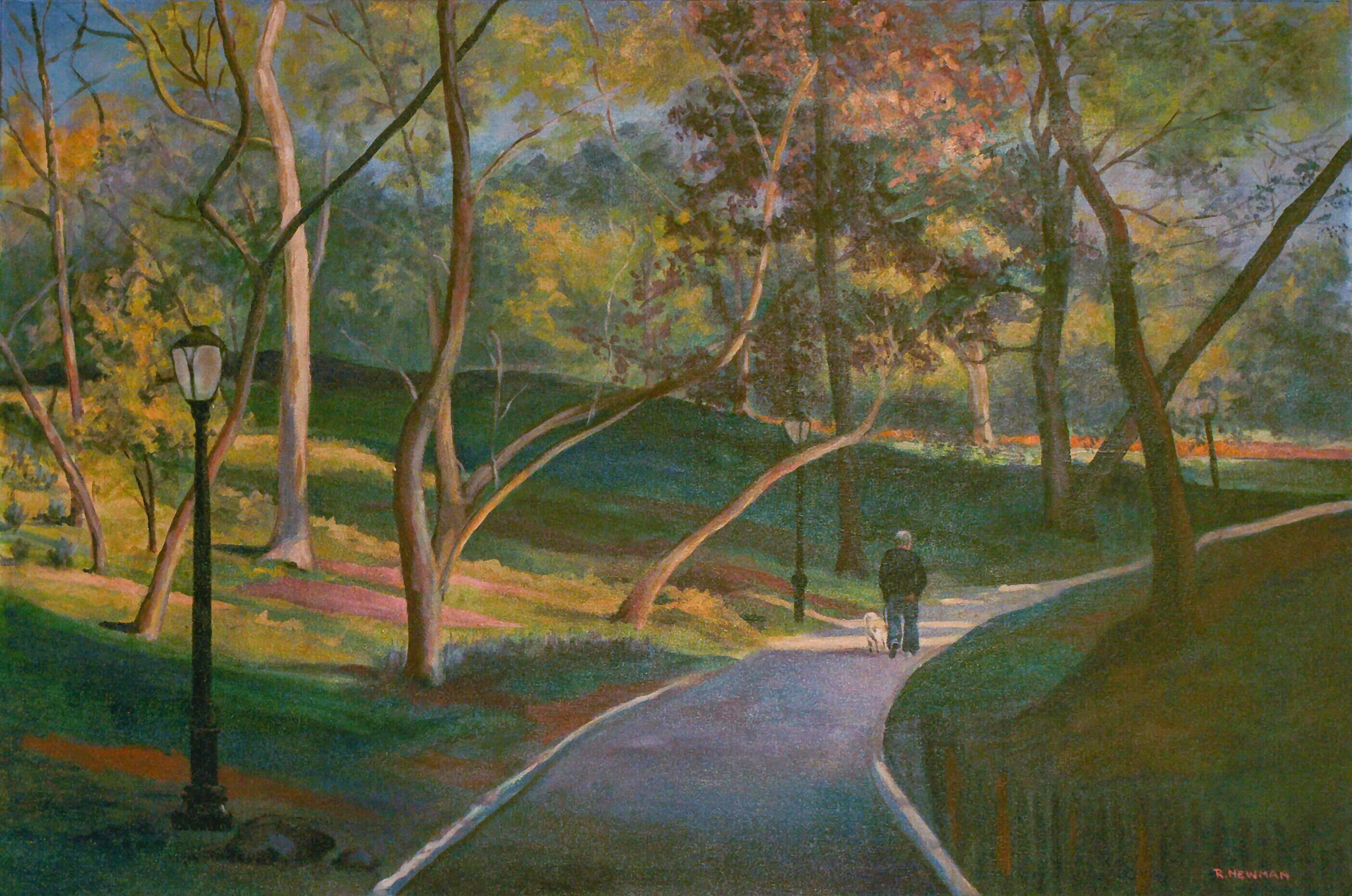 Rachel Newman Landscape Painting - Walking the Dog, Central Park