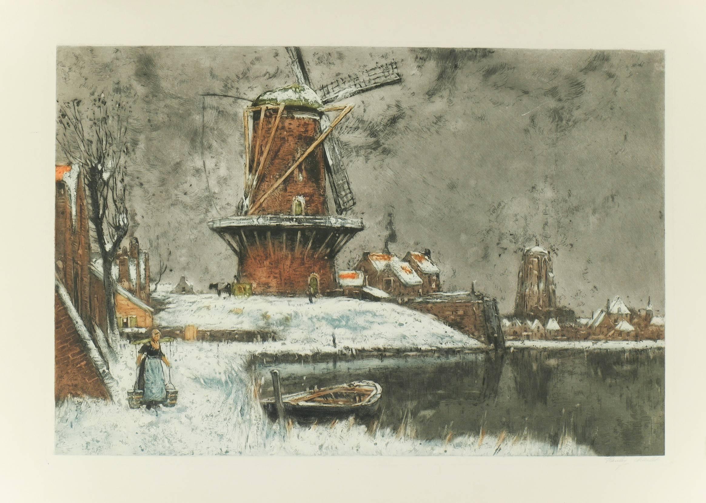 Jeanley Charlet Landscape Print - Windmill in Winter
