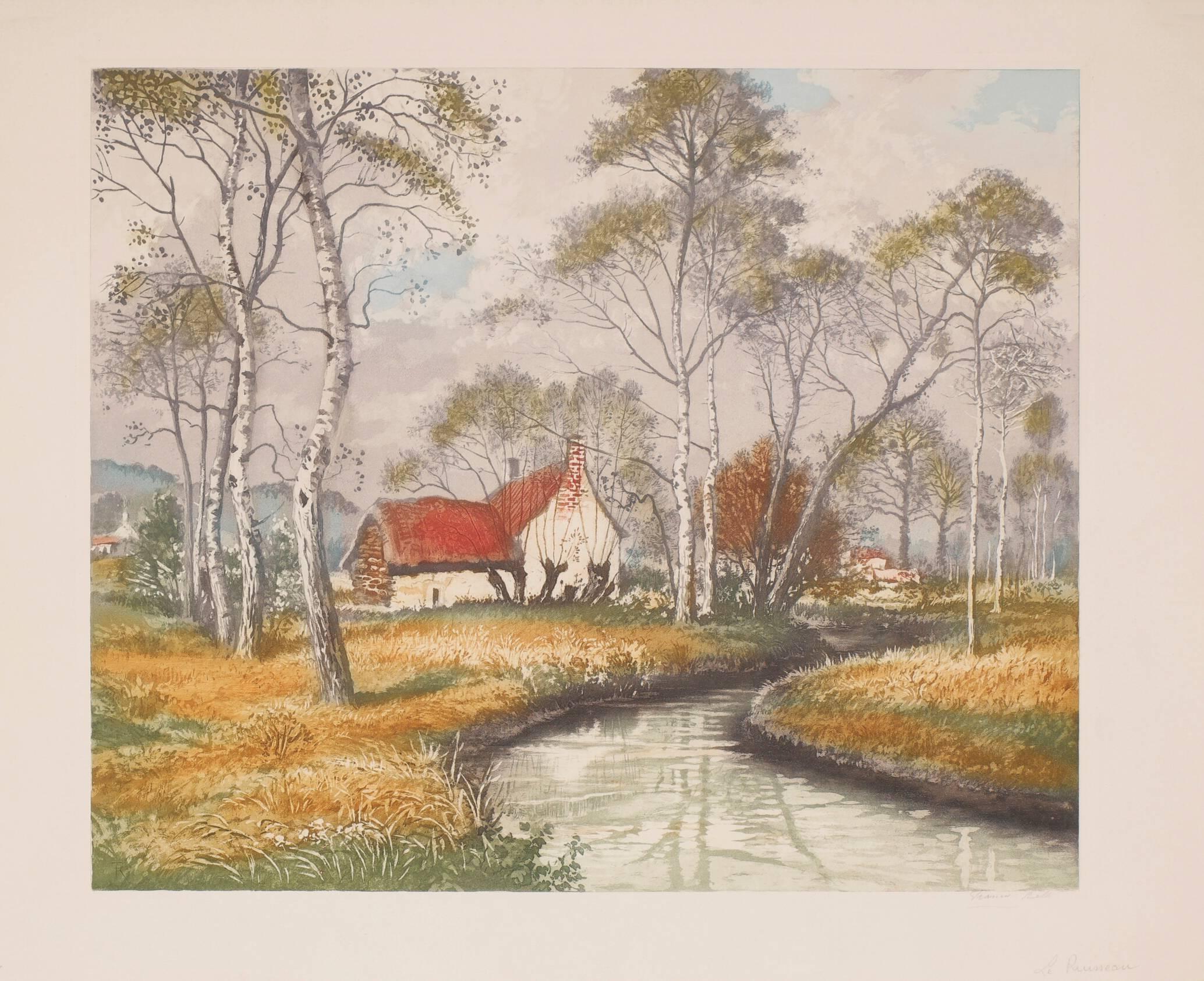 Unknown Landscape Print - French Cottage by a Stream