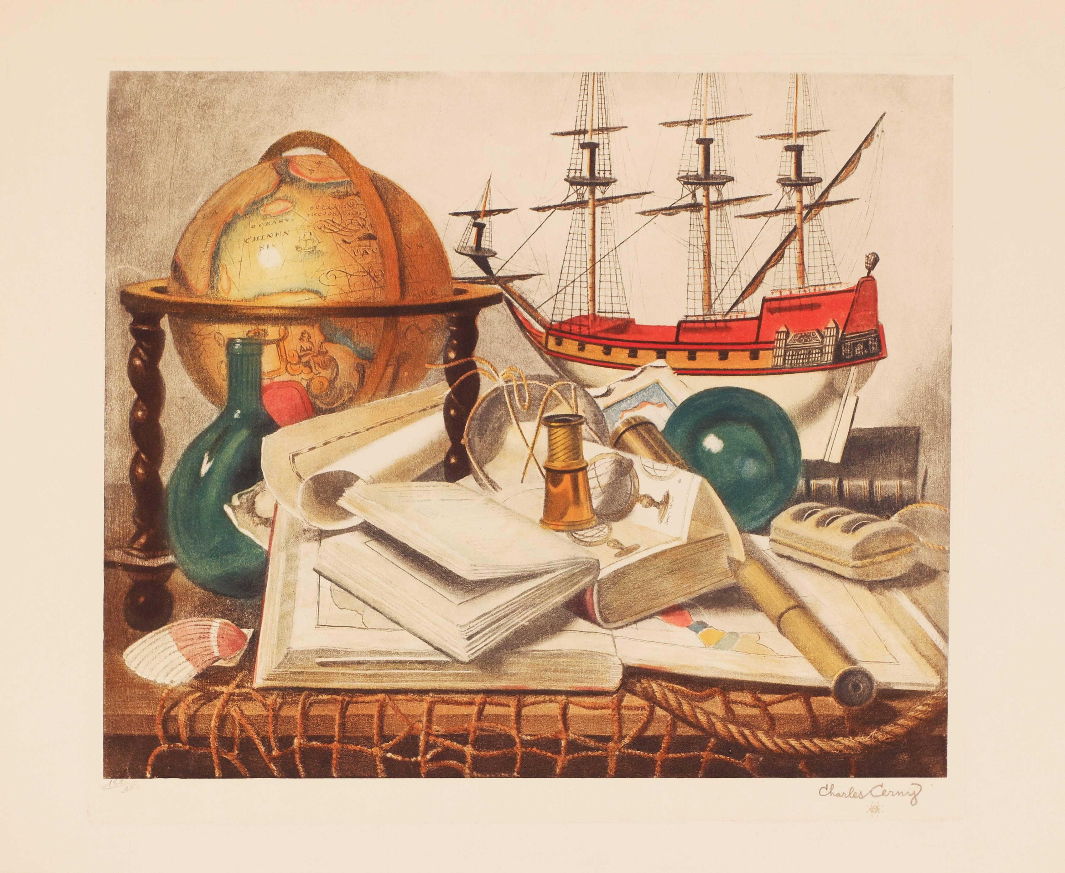Charles Cerny Still-Life Print - Maritime Still Life with Globe