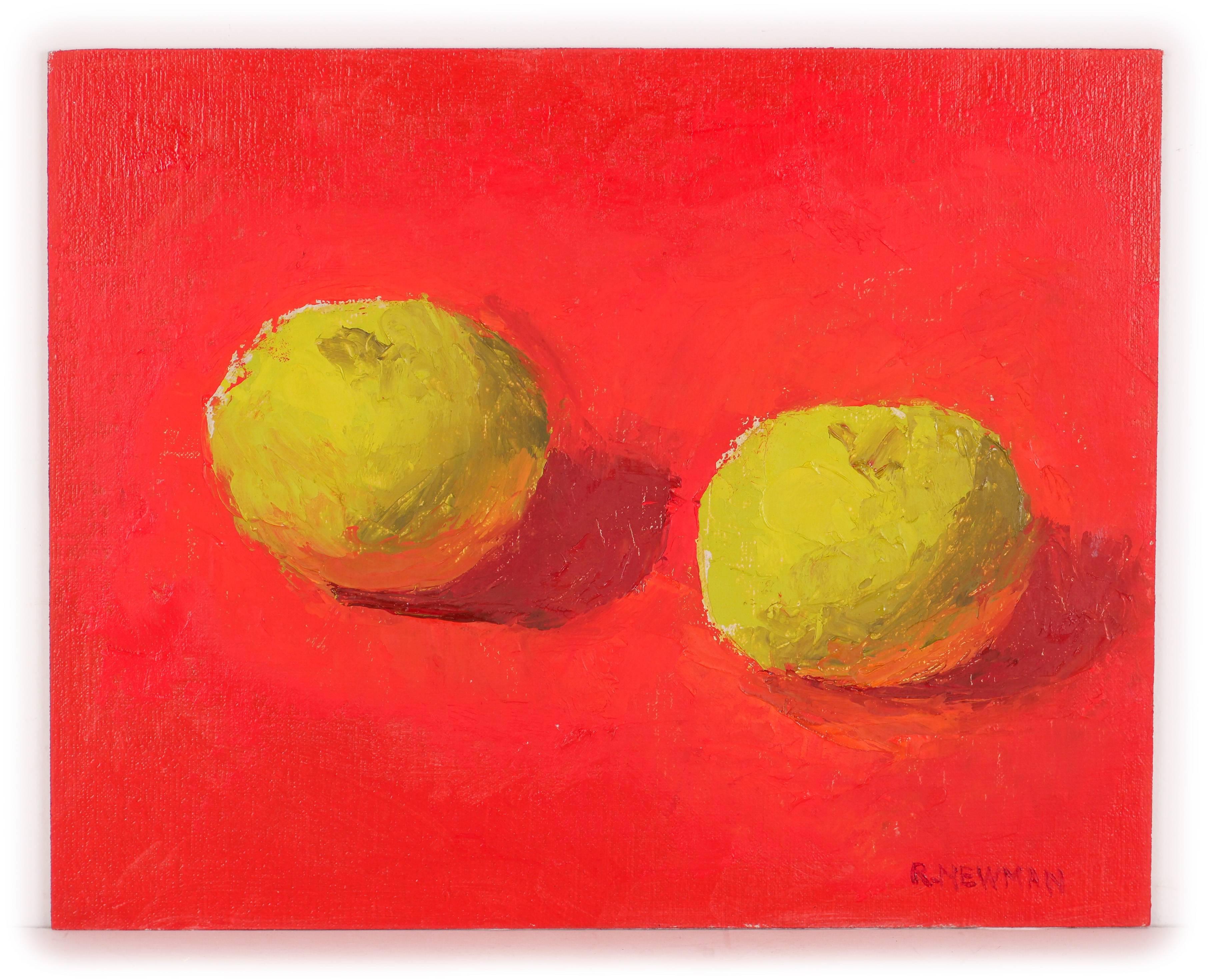 Rachel Newman Still-Life Painting - Apples on a Red Background