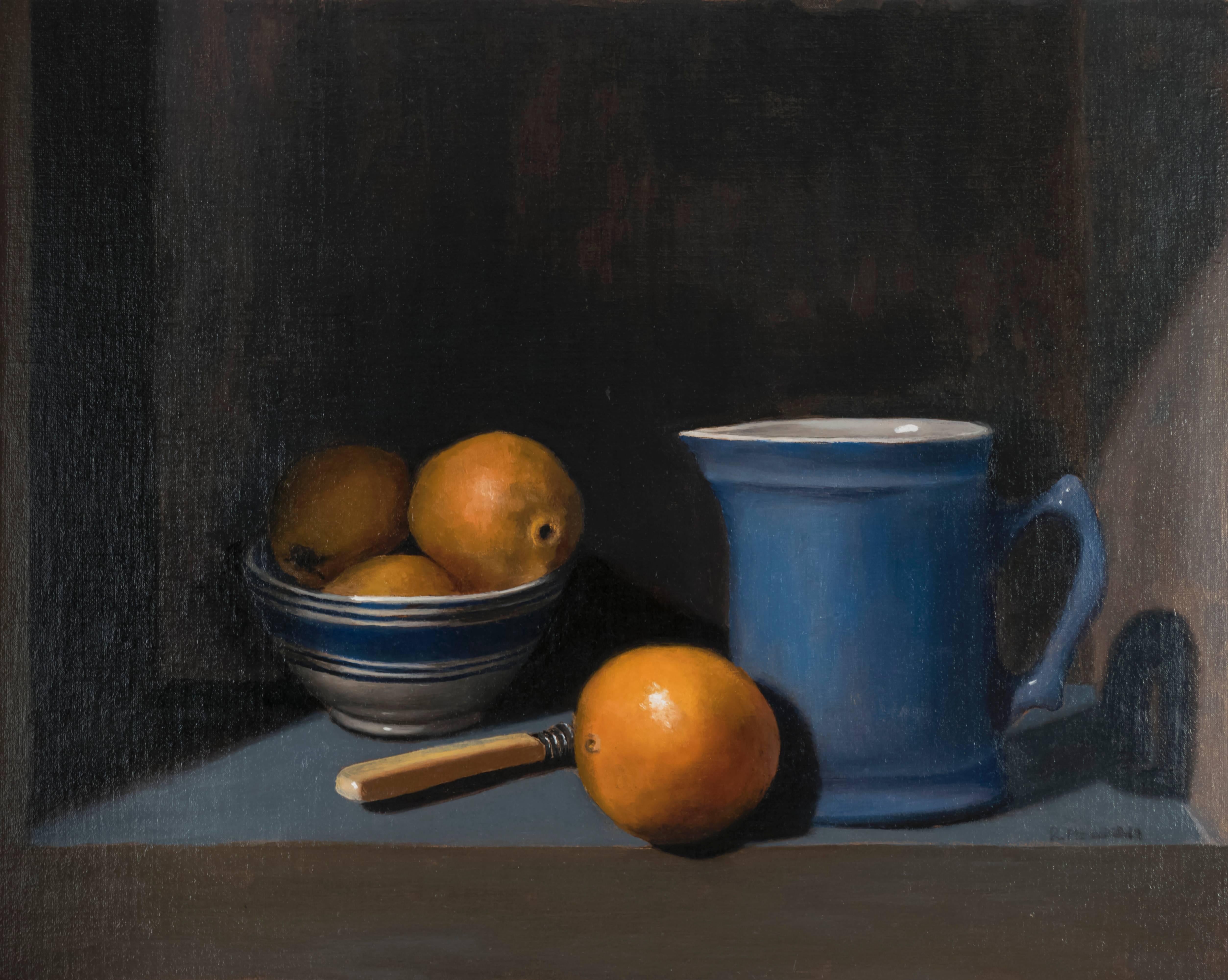 Rachel Newman Still-Life Painting - Blue Pitcher with Oranges