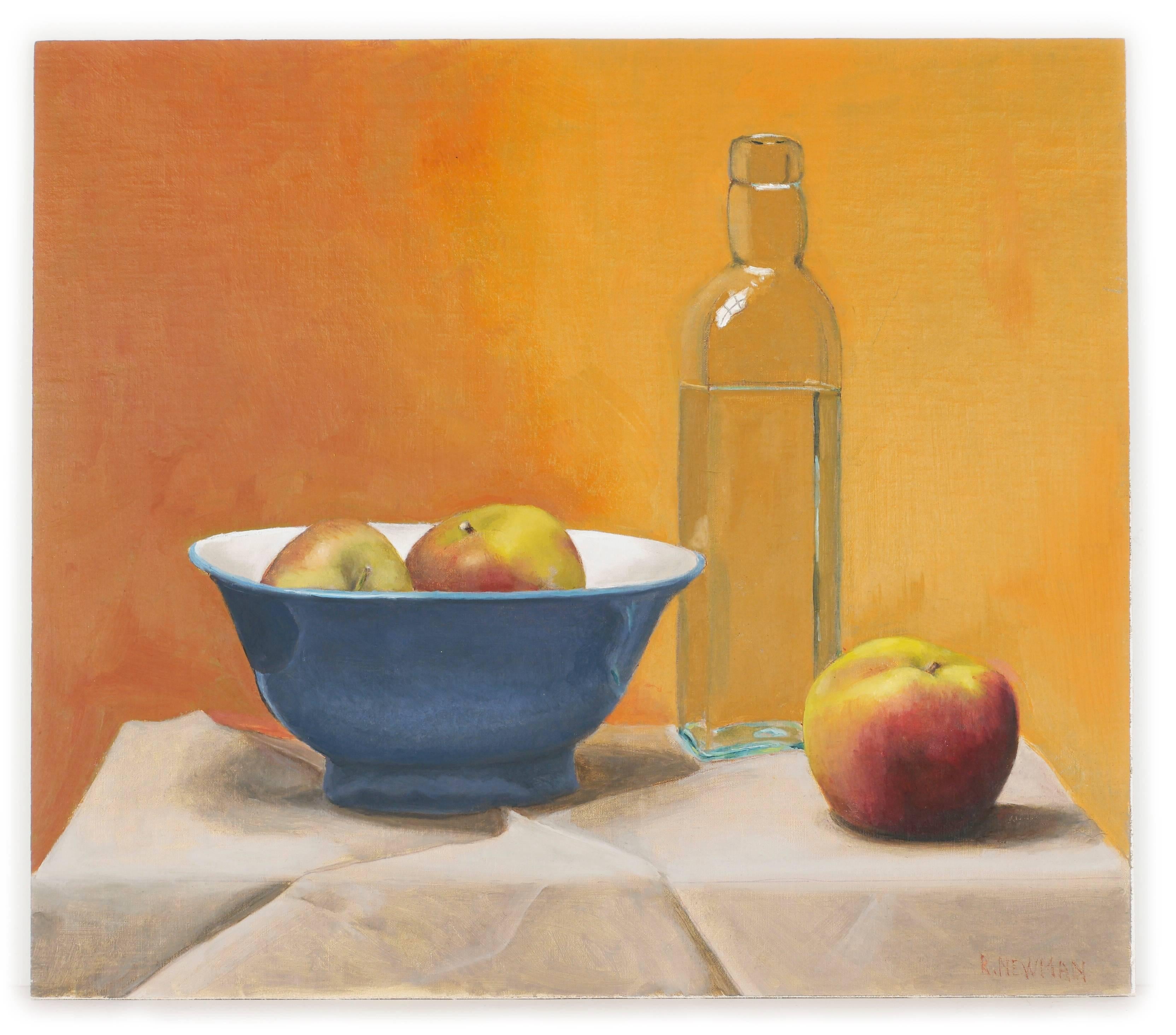 Rachel Newman Still-Life Painting - Still Life with Bottle, Blue Bowl and Apples
