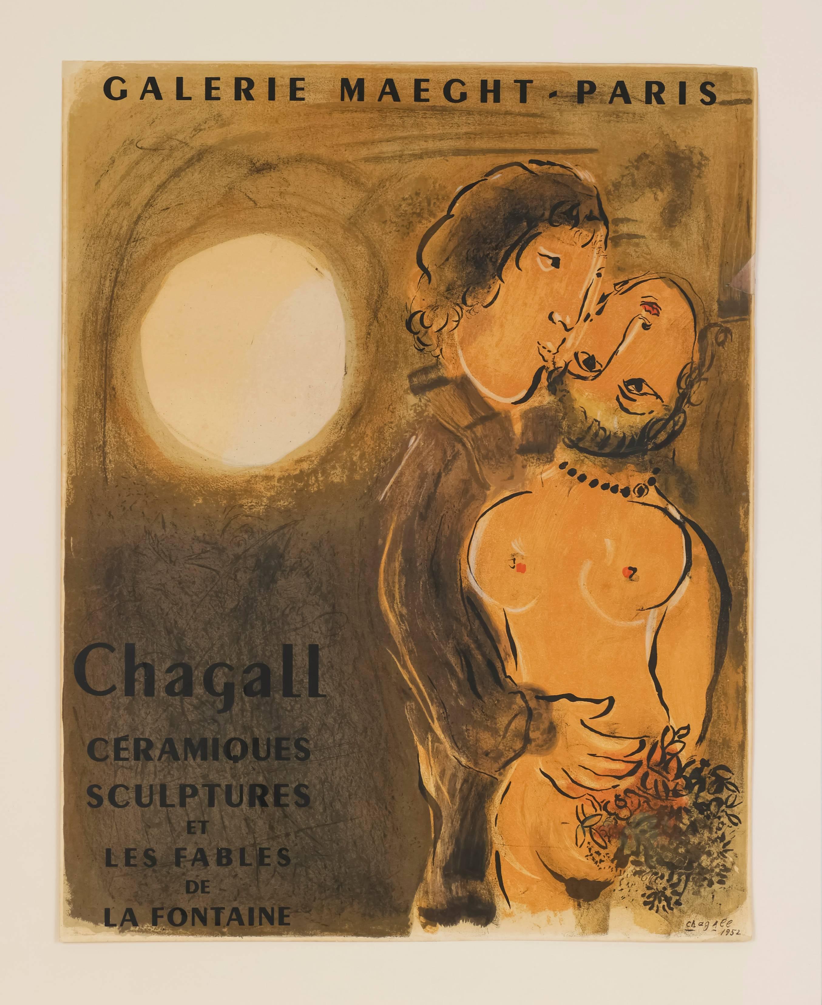Marc Chagall Figurative Print – Galerie Maeght (Couple en Ocre), 1952, Lithographieplakat