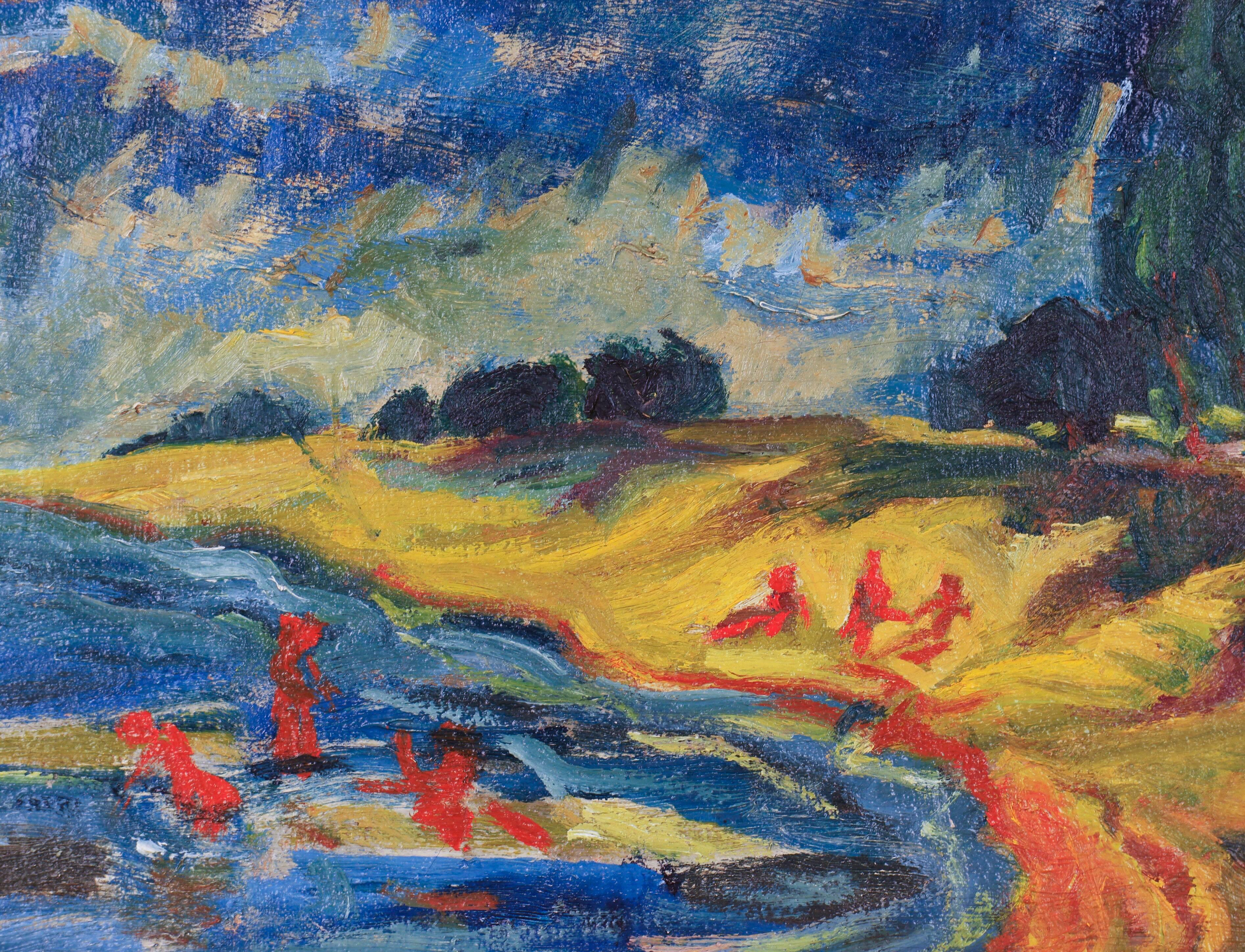 Strandszene mit drei Badenden (Expressionismus), Painting, von Franz Heckendorf