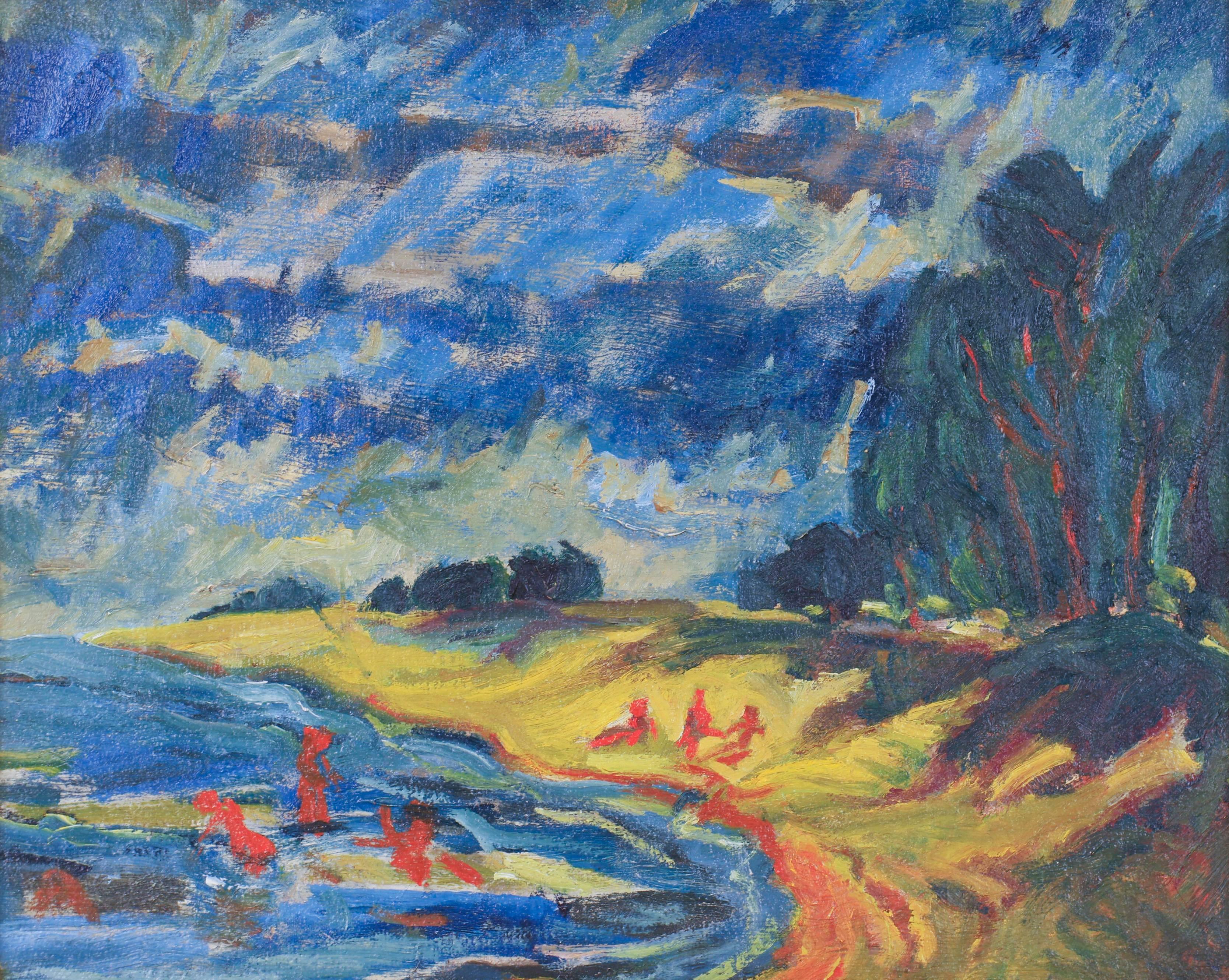 Beach Scene with Three Bathers - Painting by Franz Heckendorf