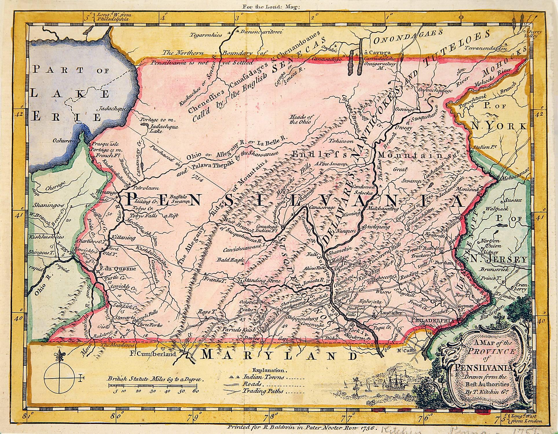 Landscape Print Thomas Kitchin - Carte de la Pennsylvanie datant d'avant la guerre pré-révolue