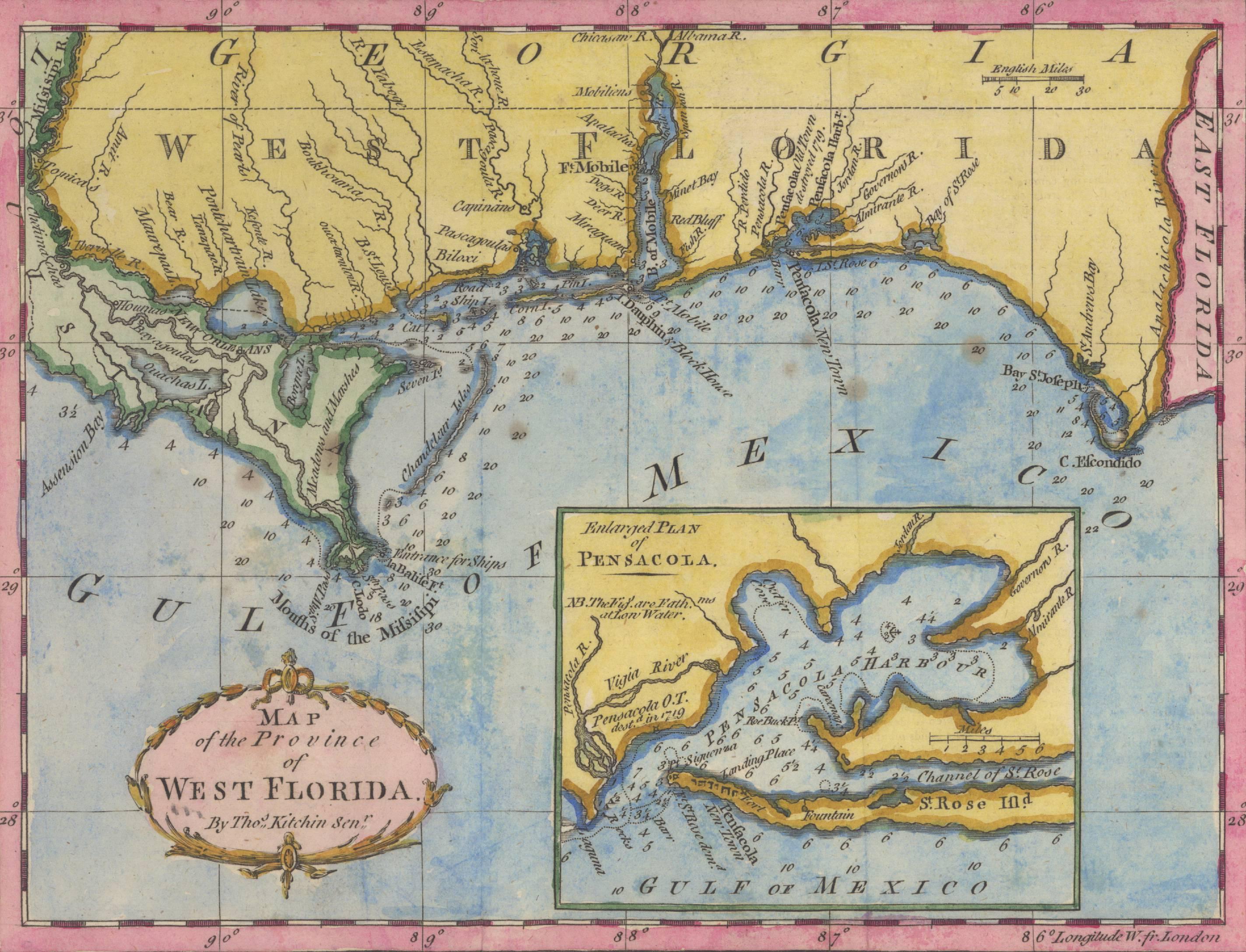 Thomas Kitchin Landscape Print - 18th-C. Map of West Florida