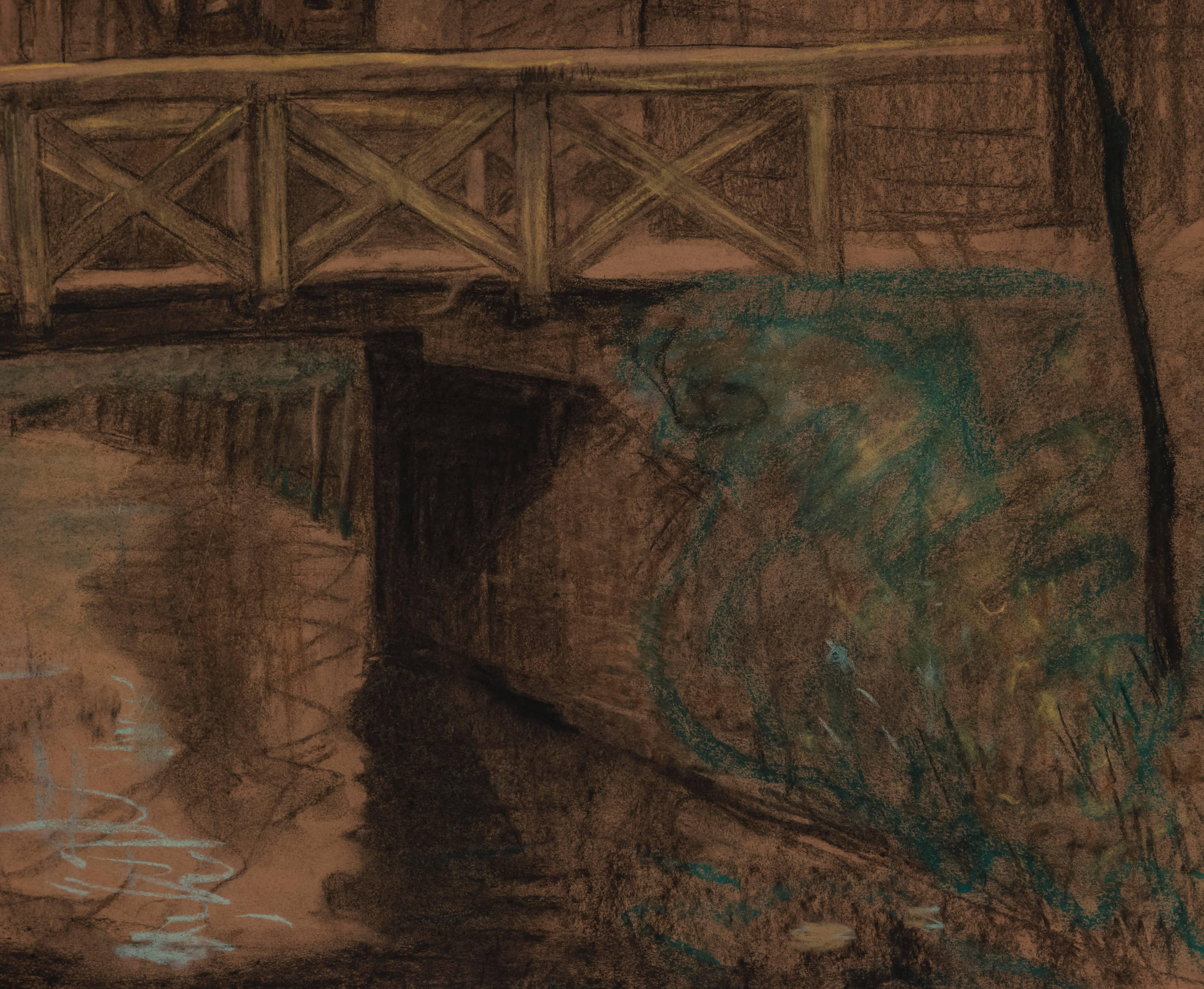 Scène du canal d'un village - Marron Landscape Art par Hendrik Geertsen