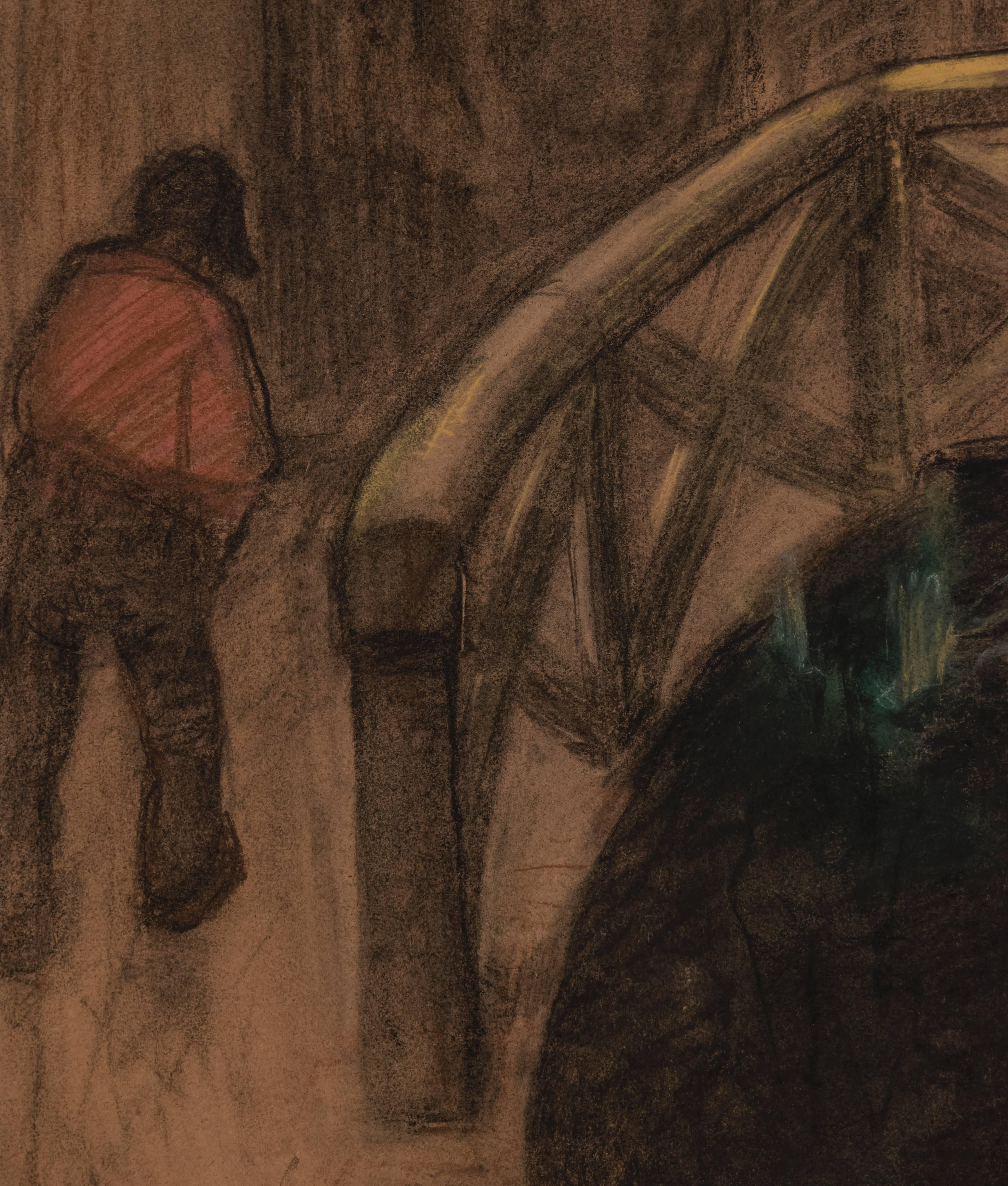 Dessin original de la fin du XIXe siècle au fusain et au crayon vert sur papier.  Signé en bas à gauche 